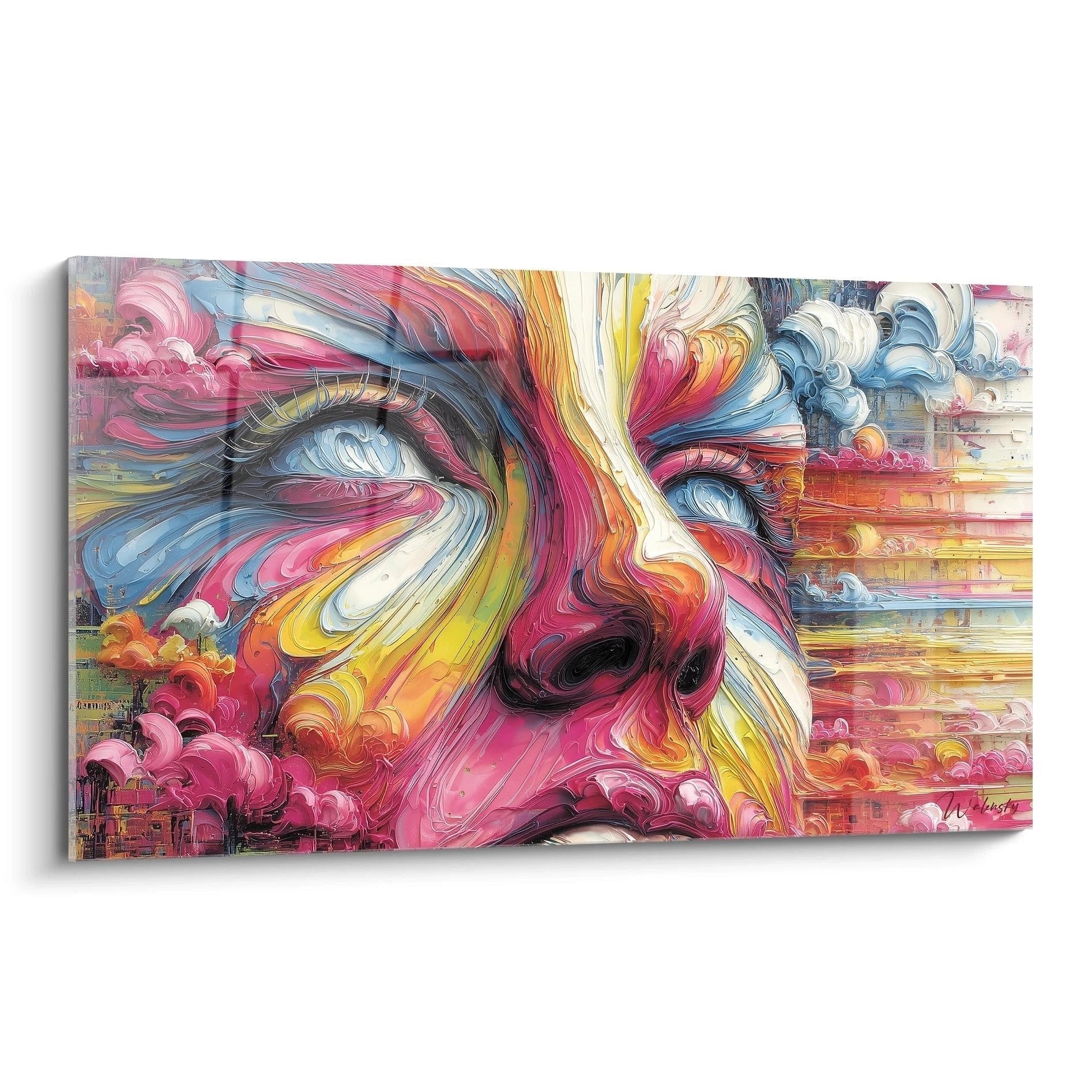 Abstraktes Wandbild mit bunter Gesichtshälfte in rosa, gelben und blauen Farbwirbeln - Edition Farbexplosion