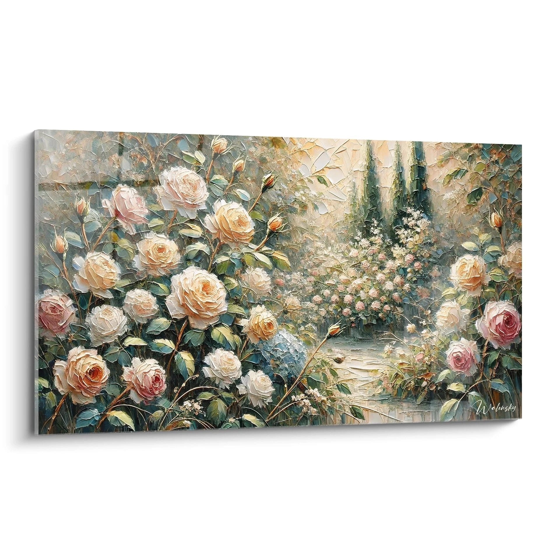 Romantisches Wandbild eines Rosengartens mit alter Steinbank und blühenden Rosenbüschen in Pastellfarben