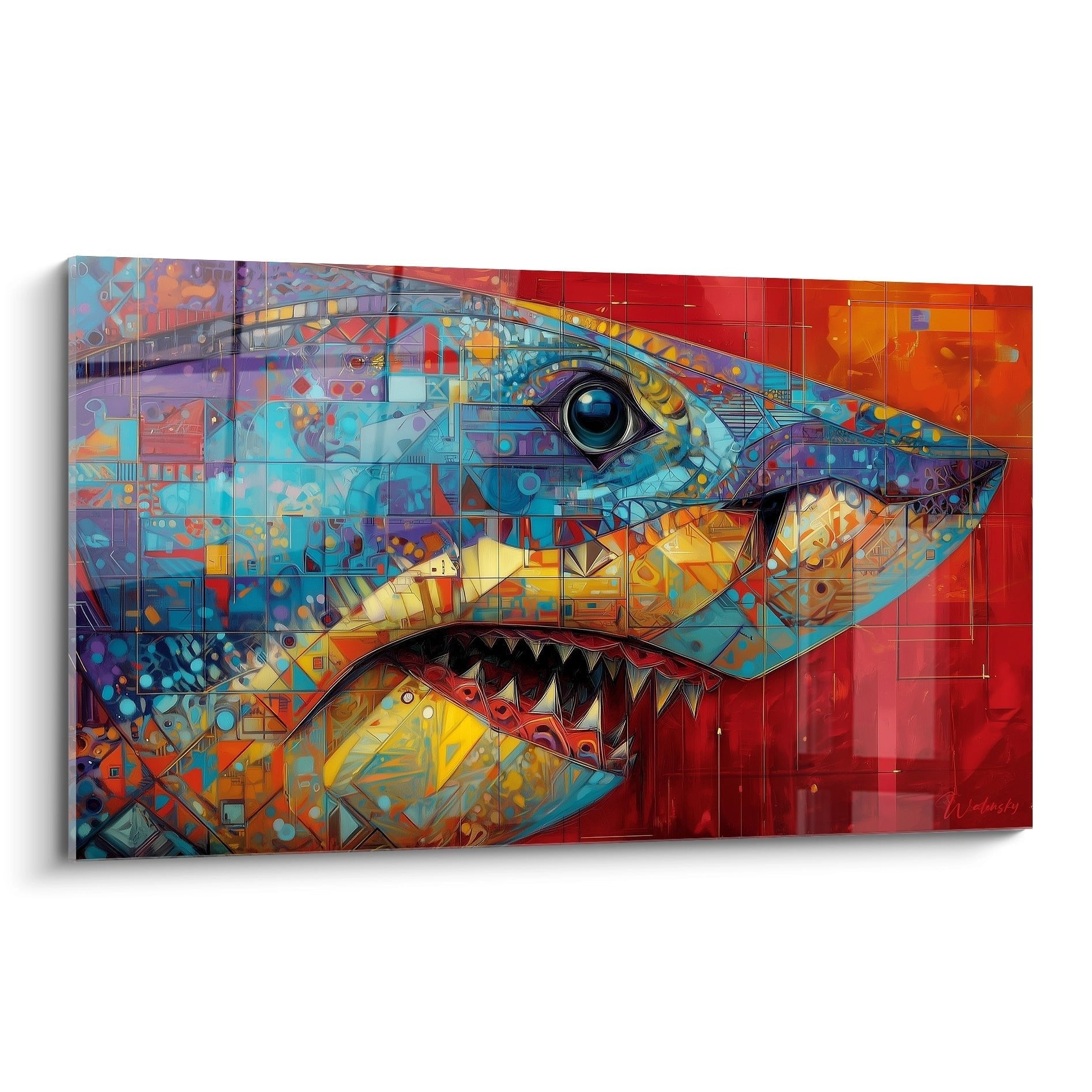 Abstraktes Wandbild Megalodon Hai in geometrischen Formen mit blauen und orangen Farbtönen auf Leinwand