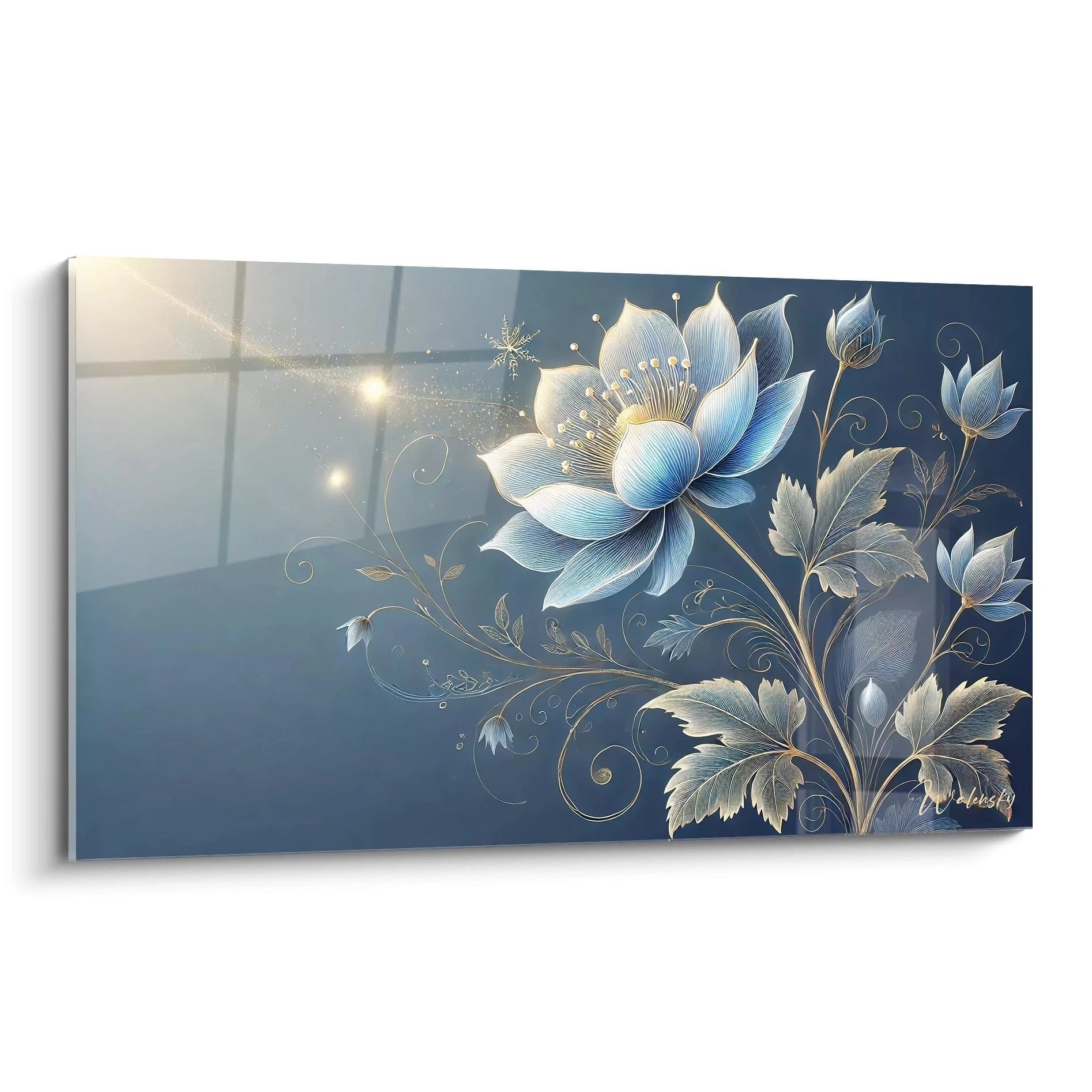 Wandbild mit eleganter Lotus Blüte in Blau und Gold für spirituelle Meditation und Entspannung