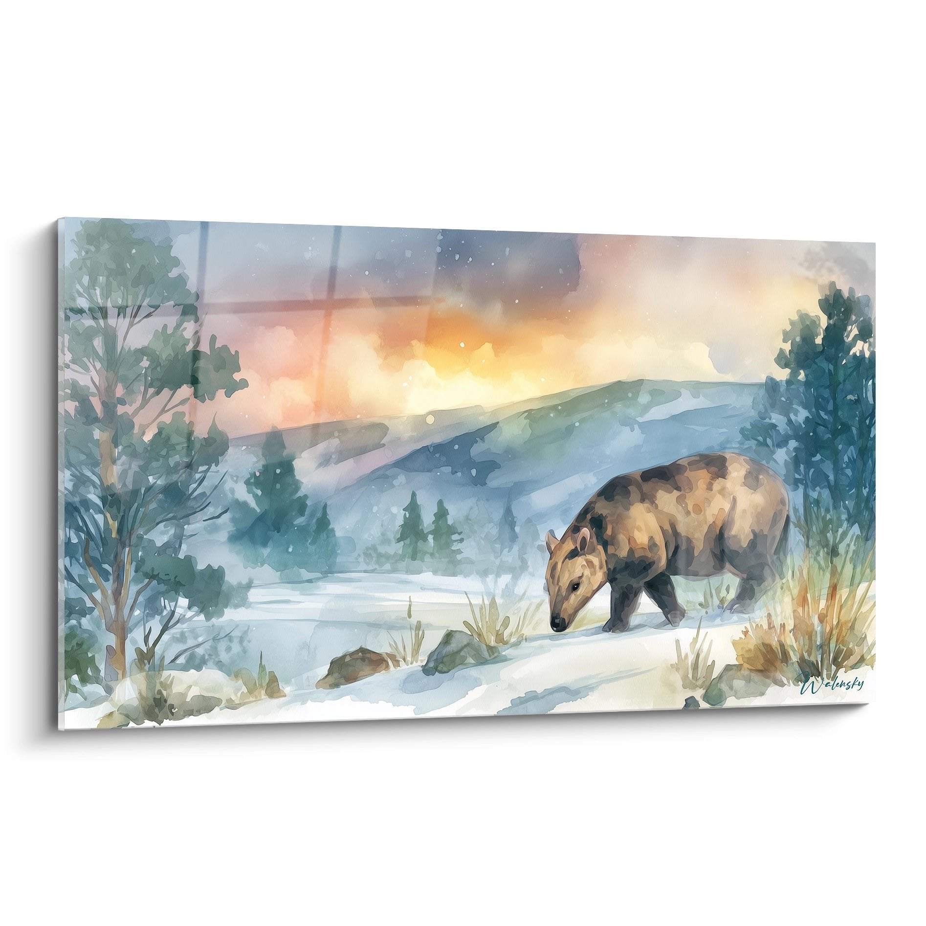 Wandbild Andrewsarchus in verschneiter Winterlandschaft mit Sonnenuntergang im Aquarell-Stil