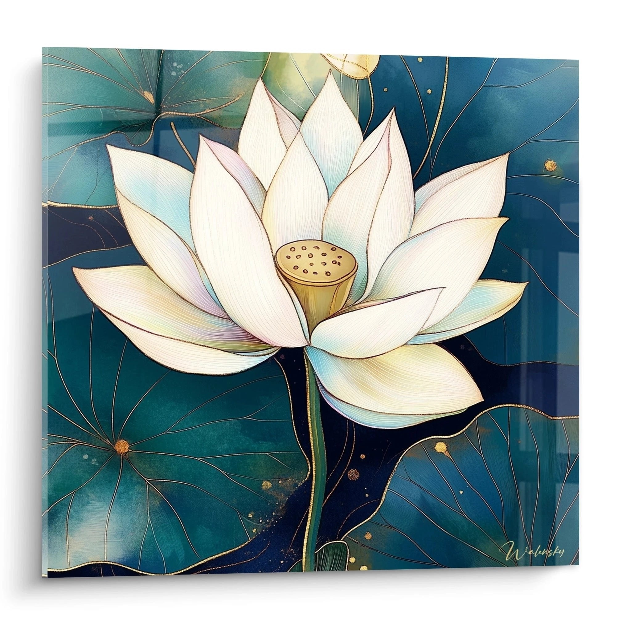 Elegantes Wandbild einer weißen Lotusblüte mit goldenen Konturen auf türkis-blauem Hintergrund