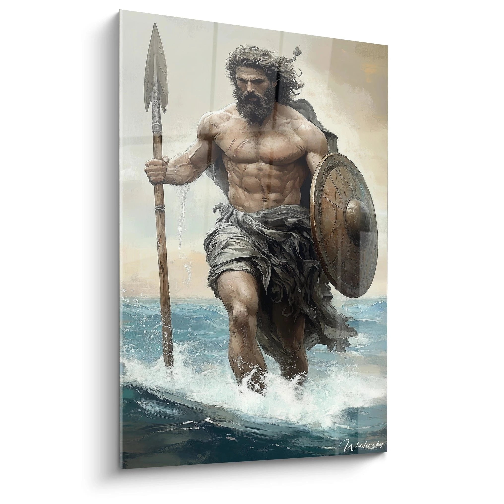 Wandbild Poseidon Meeresgott mit Dreizack über stürmischen Wellen in kraftvoller mythologischer Darstellung