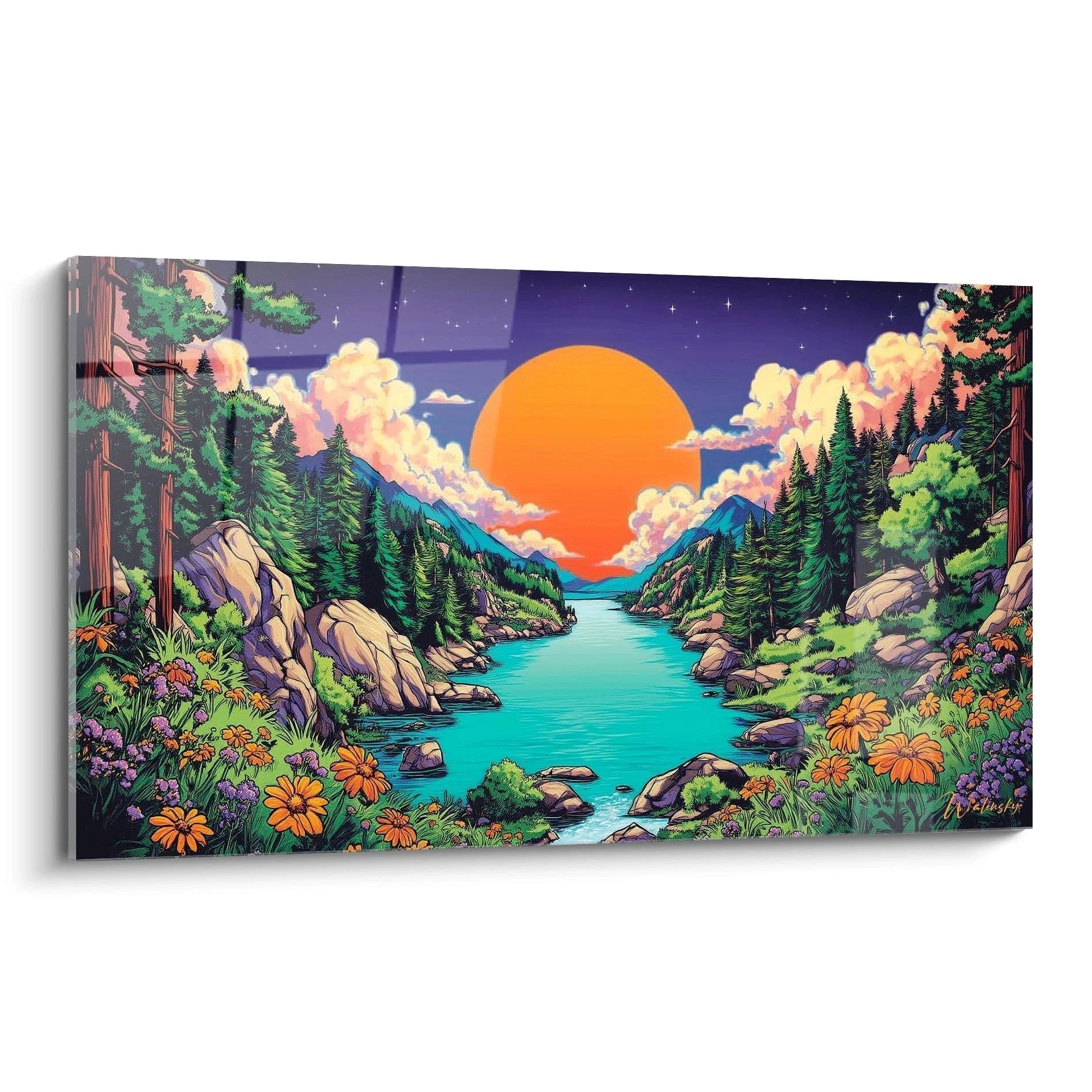 Comic Wandbild zeigt Gebirgstal mit türkisem Fluss, orangener Sonne und bunten Blumen im Fantasy-Stil
