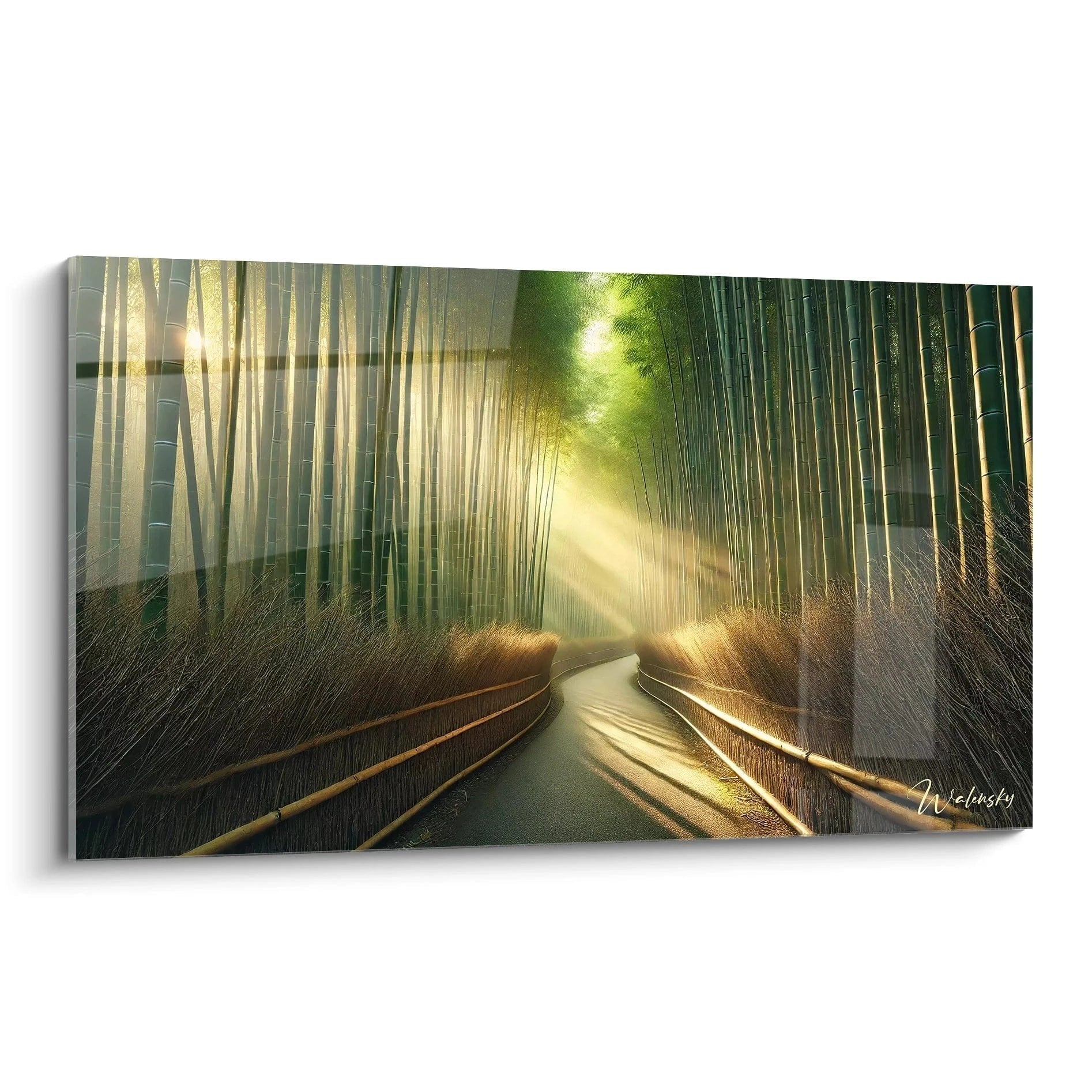 Mystischer Bambuswald mit goldenen Sonnenstrahlen und gewundenem Pfad - Zen Wandbild