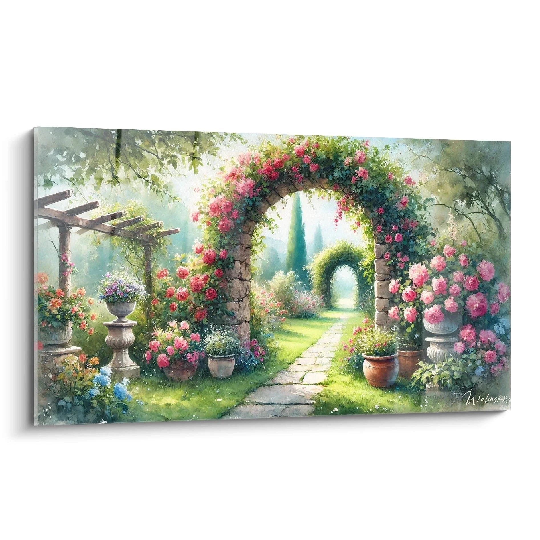 Wandbild romantischer Rosenbogen im Garten mit rosa Blüten und Steinweg - Edition Garten Dekoration