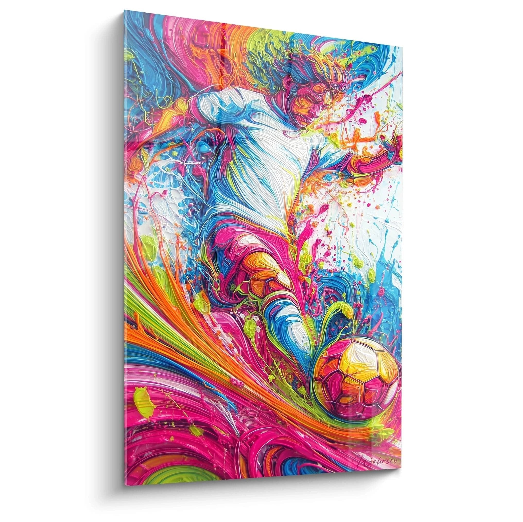 Abstraktes Wandbild mit explosiven Farbwirbeln in Pink Blau Orange und Grün auf weißem Hintergrund