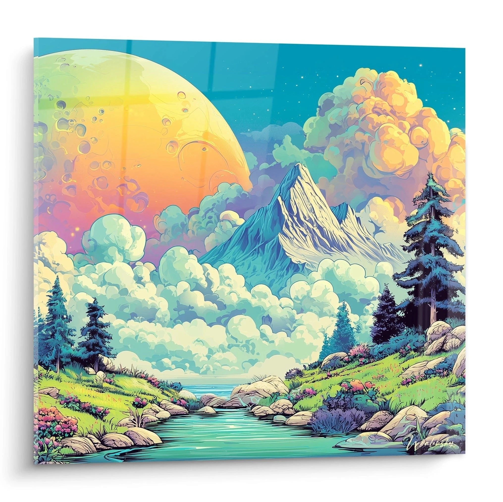 Wandbild mystische Berglandschaft mit leuchtendem Mond und Bach im Comic-Stil