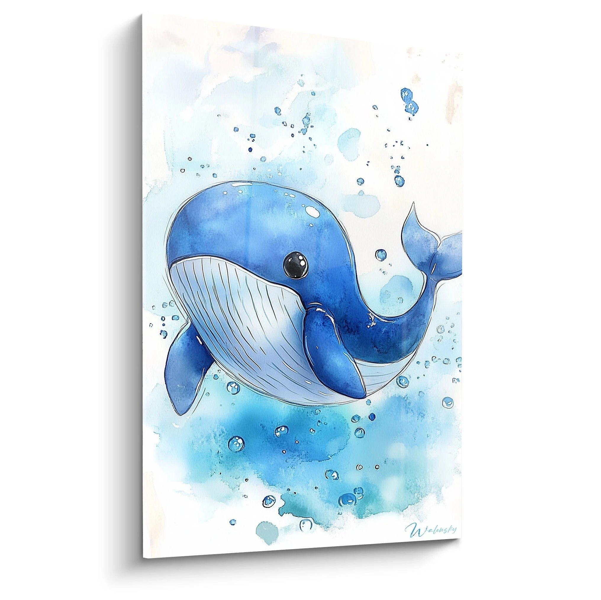 Wandbild Blauwal in Aquarelltechnik mit blauen Wasserblasen für Kinderzimmer, sanfte maritime Dekoration