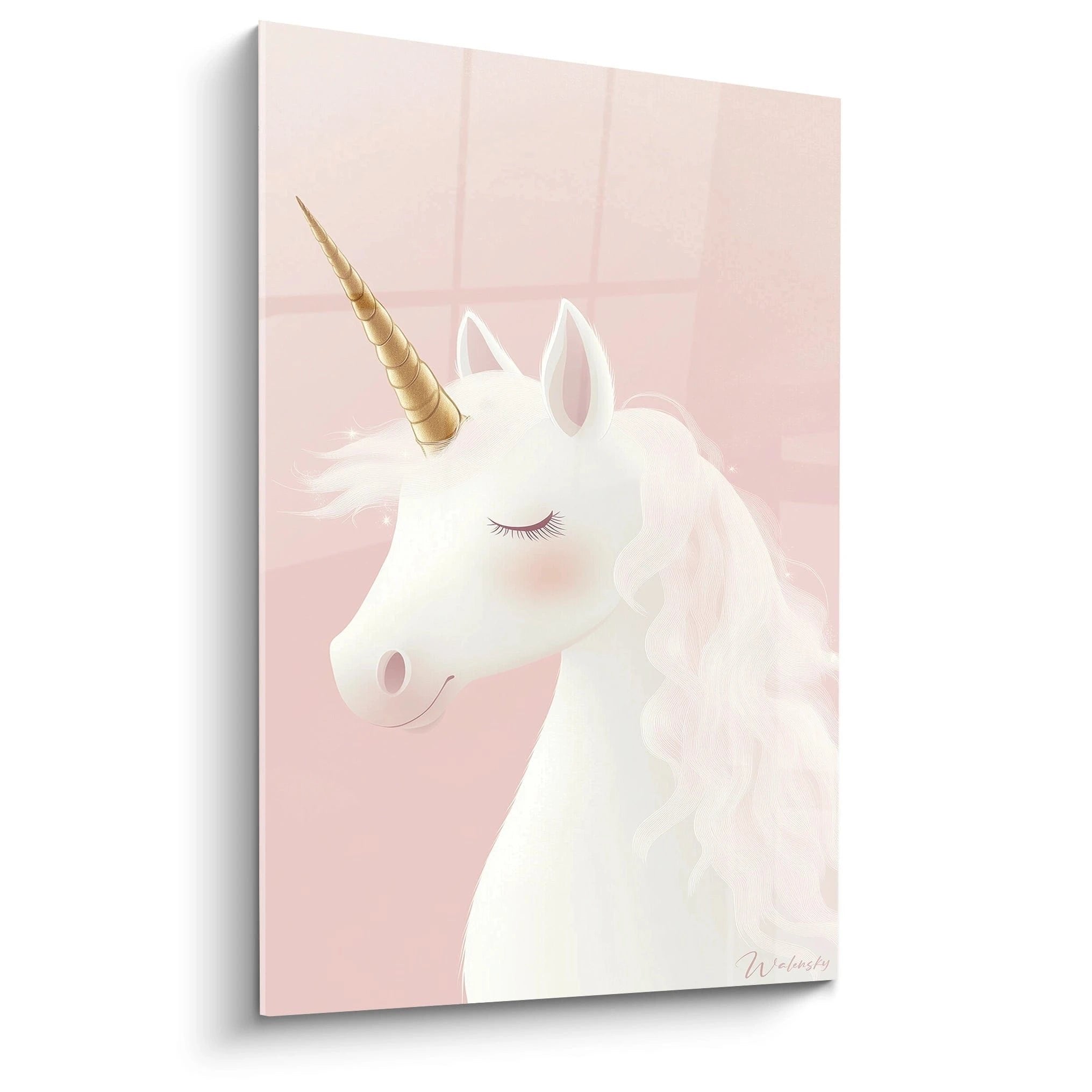 Weißes Einhorn mit goldenem Horn vor zartrosa Hintergrund, minimalistisches Wandbild für Kinderzimmer