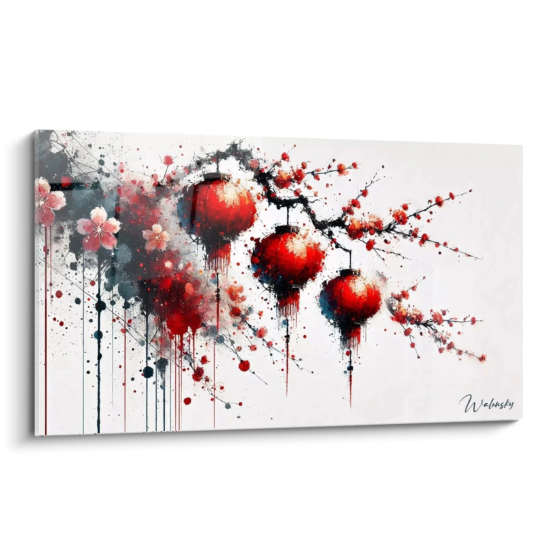 Wandbild japanische rote Laternen mit Kirschblüten im Aquarell-Stil für Meditation und Zen-Atmosphäre