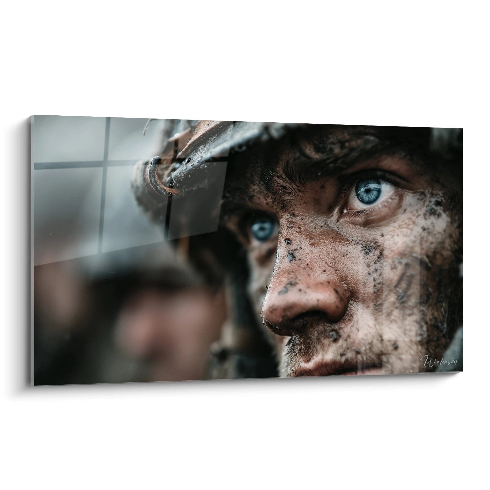 Wandbild Soldatenporträt Erster Weltkrieg mit blauen Augen und Stahlhelm