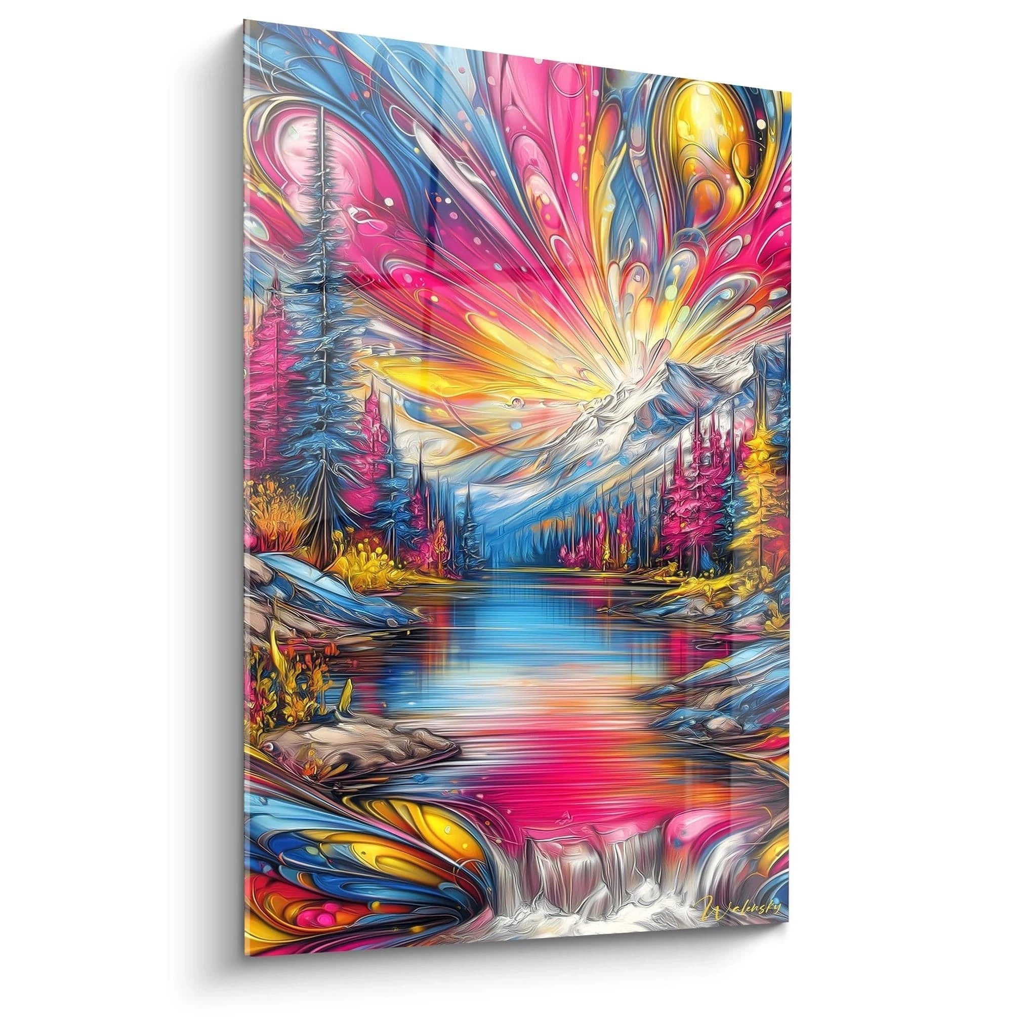 Fantasielandschaft Wandbild mit buntem Himmel, Bergsee und leuchtenden Pink-Blau-Gelb Farben Edition Farbexplosion