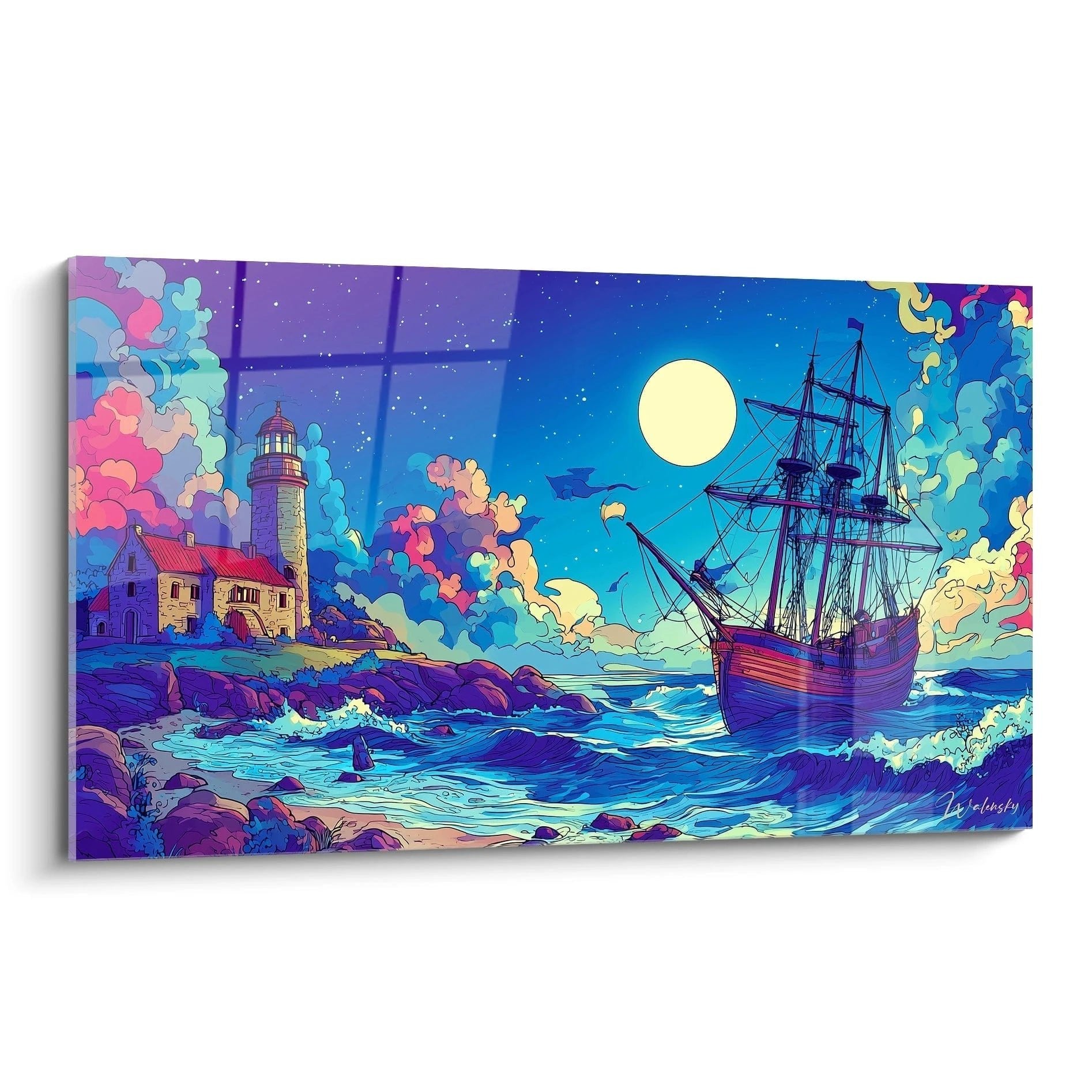 Comic Wandbild mit Segelschiff und Leuchtturm bei Mondschein in lebendigen Blau- und Violetttönen