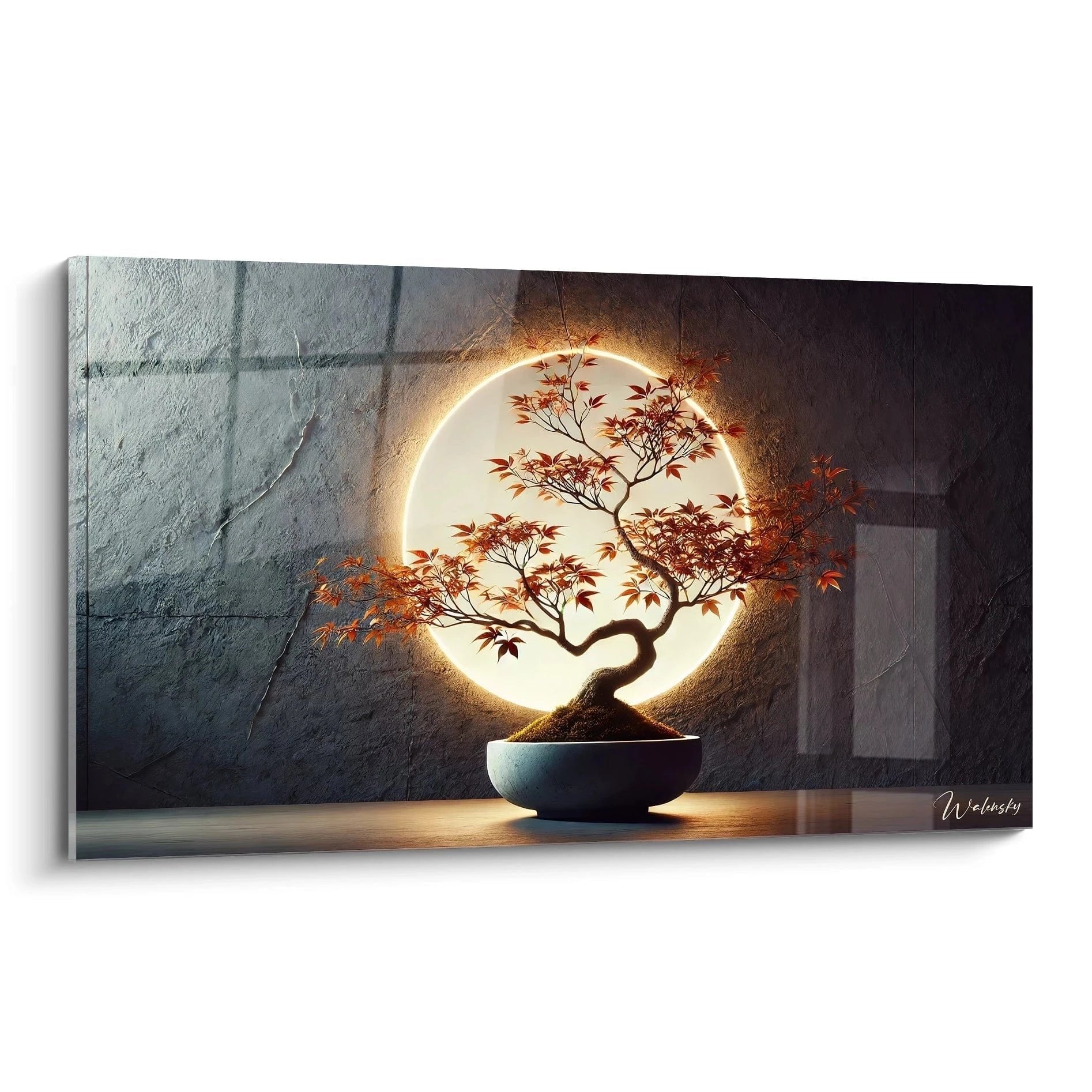 Zen Wandbild Bonsai Baum vor leuchtendem Vollmond auf Holztisch mit Steinwand Hintergrund