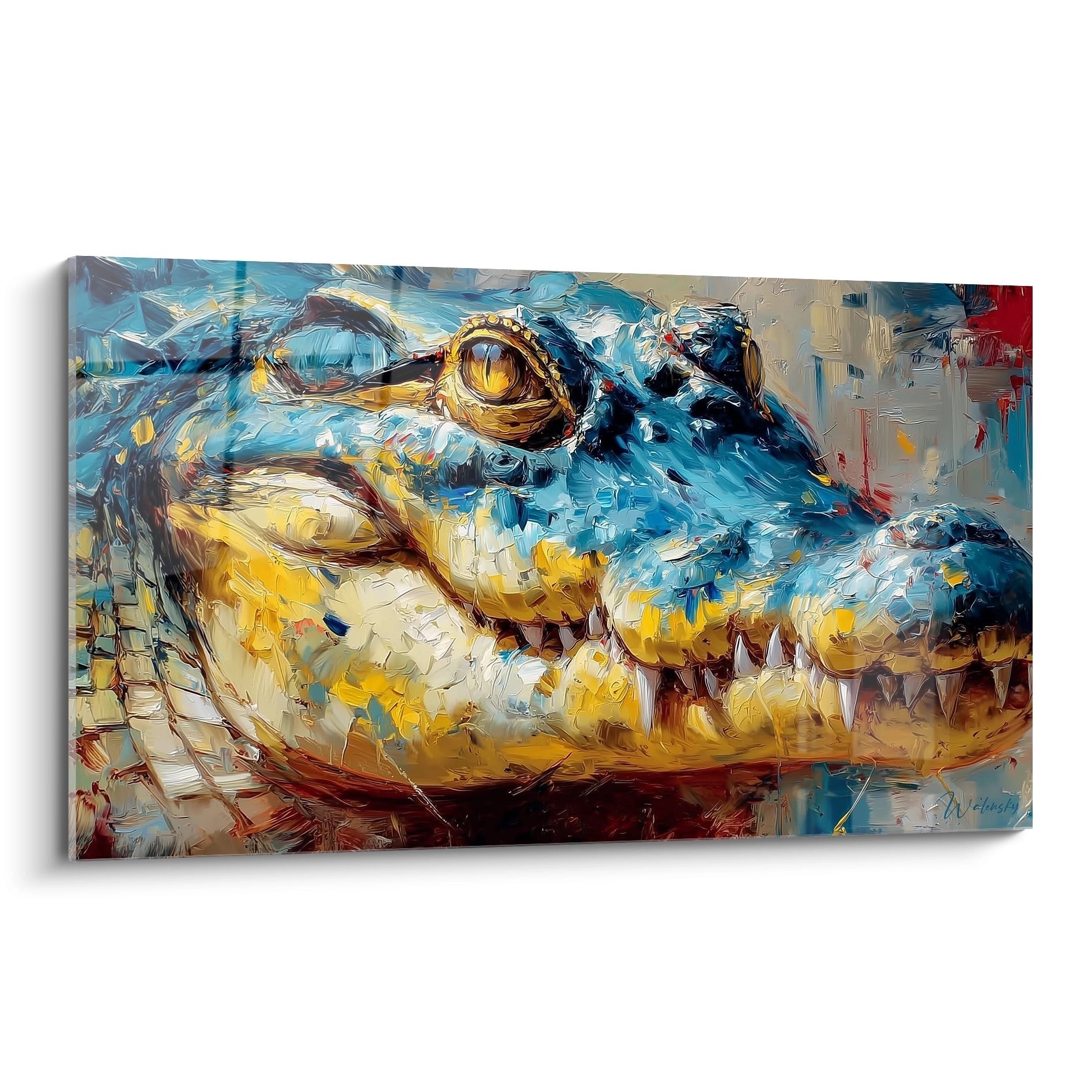 Expressionistisches Wandbild eines Krokodils mit goldenen Augen und kräftigen Pinselstrichen in Blau-Gelb-Tönen