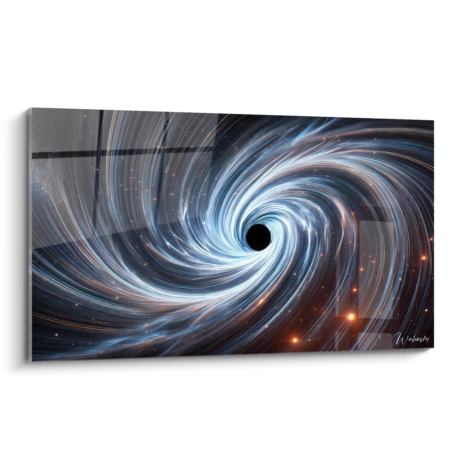 Wandbild schwarzes Loch mit spiralförmigen blauen Lichtbahnen und funkelnden Sternen auf Leinwand