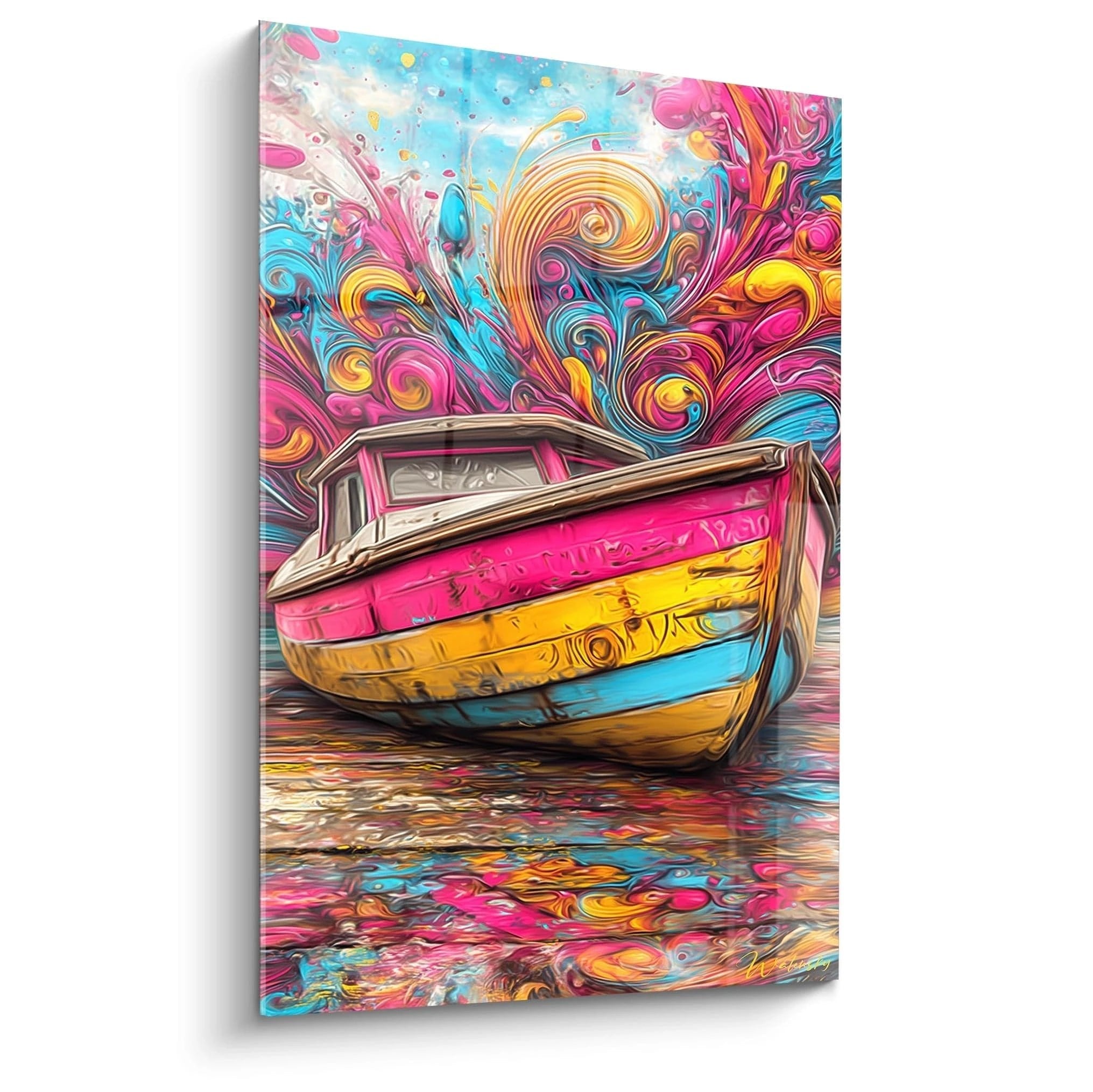 Buntes Wandbild Boot im wirbelnden Farbmeer mit Pink, Türkis und Gelb - Edition Farbexplosion