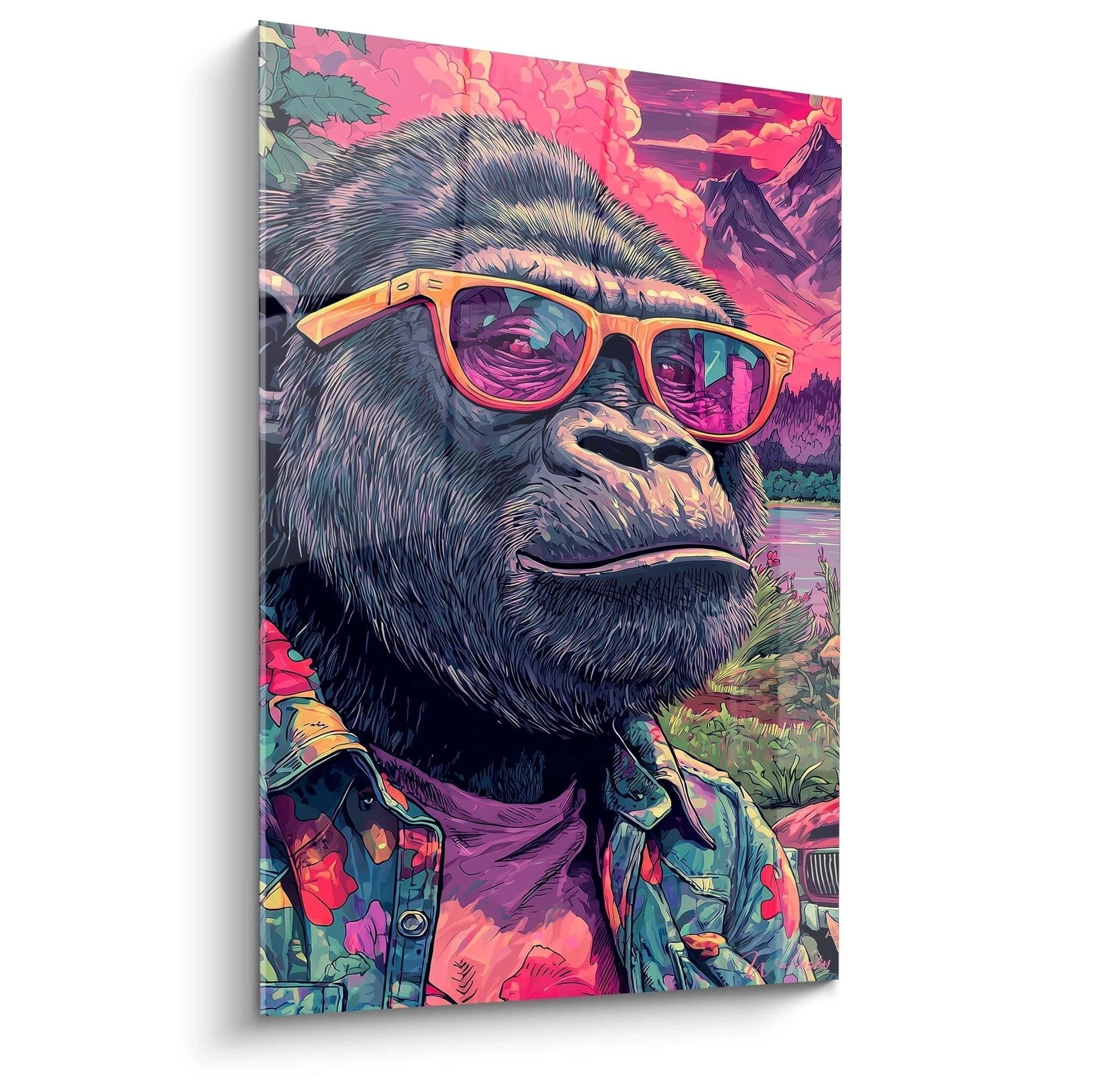 Wandbild coole Gorilla mit orangener Sonnenbrille im Comic-Stil vor bunter Dschungellandschaft