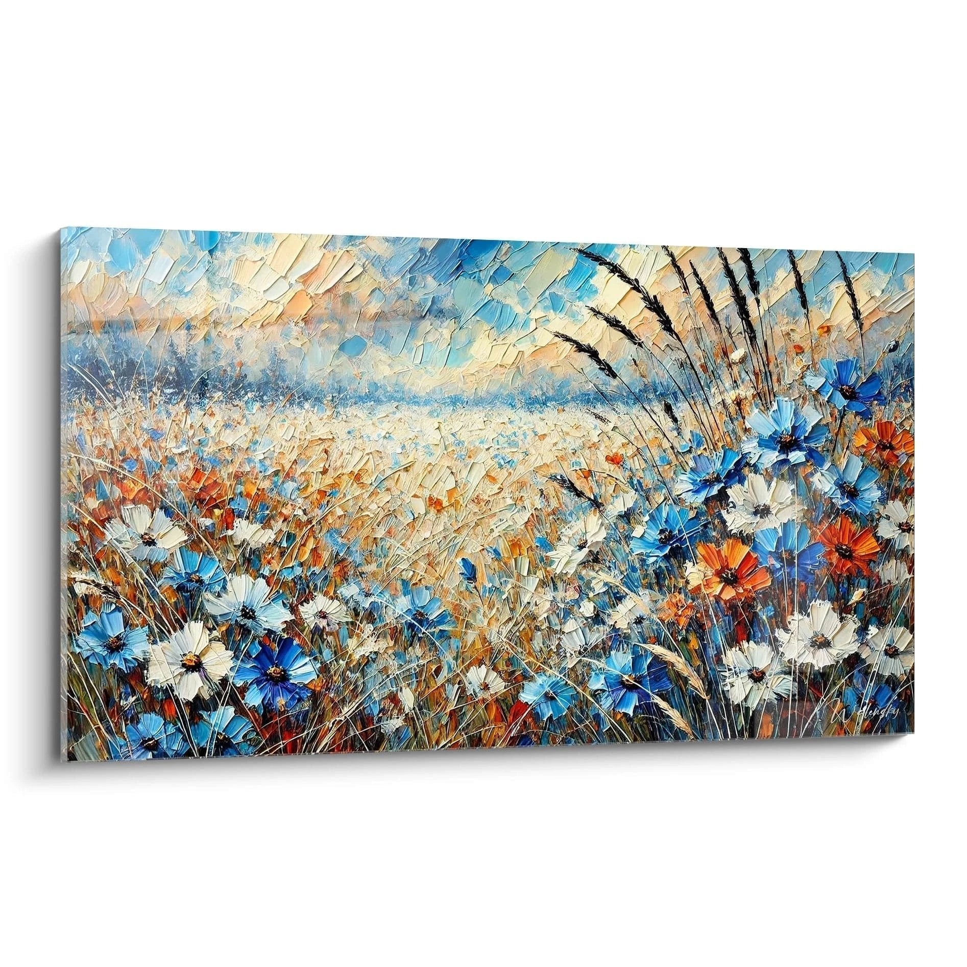 Wandbild wilde Kornblumenwiese mit blauen und weißen Blüten im impressionistischen Stil