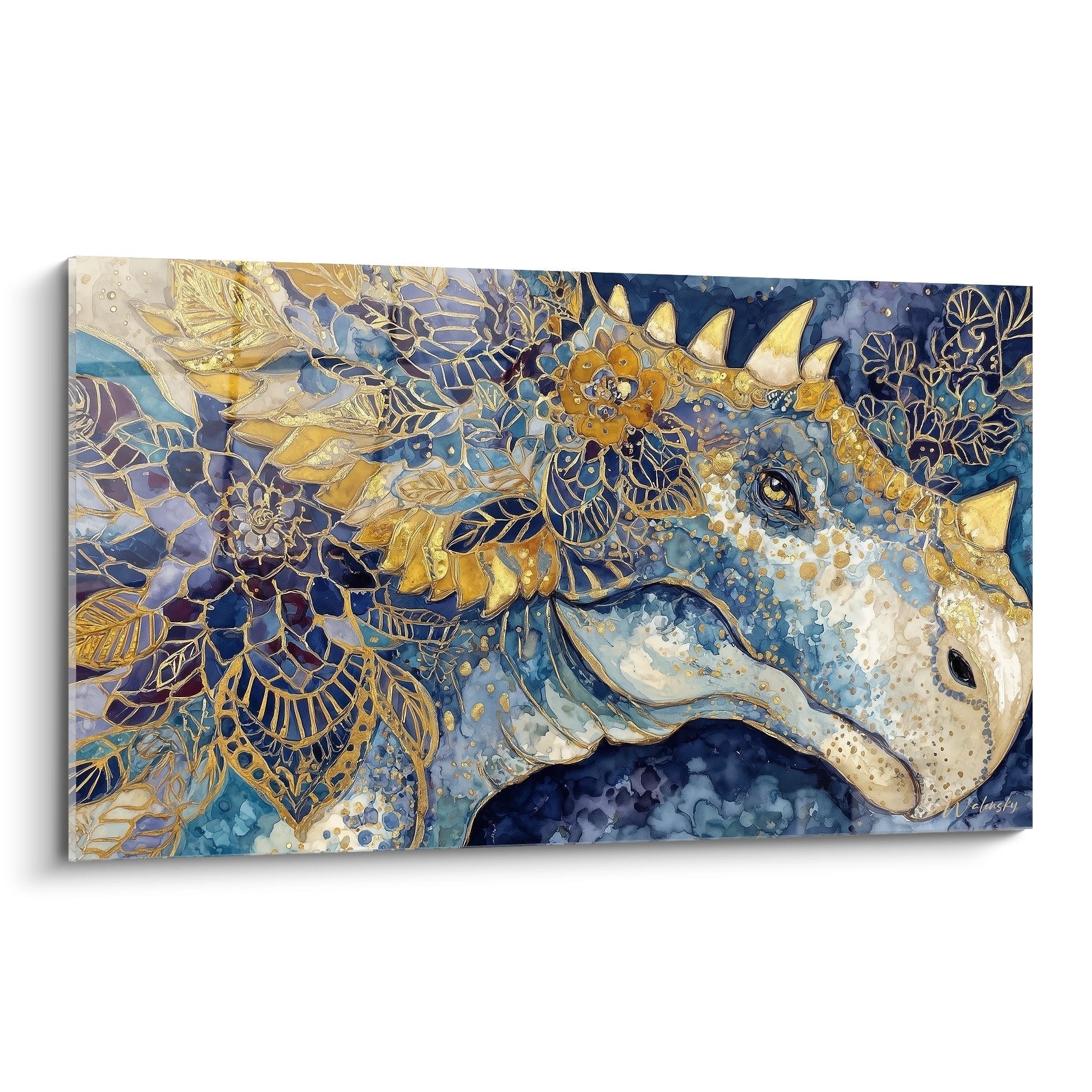 Kunstvolles Wandbild eines blauen Dinosauriers mit goldenen Blumen und ornamentalen Jugendstil-Elementen
