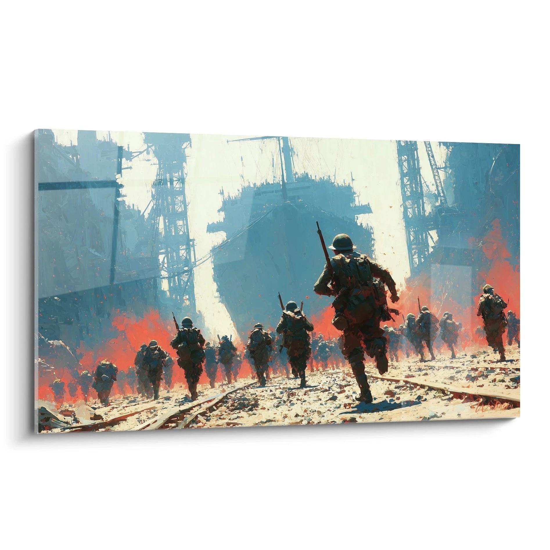 Wandbild Erste Weltkrieg Soldaten Angriff durch brennende Ruinen mit Stahlhelmen und Bajonetten