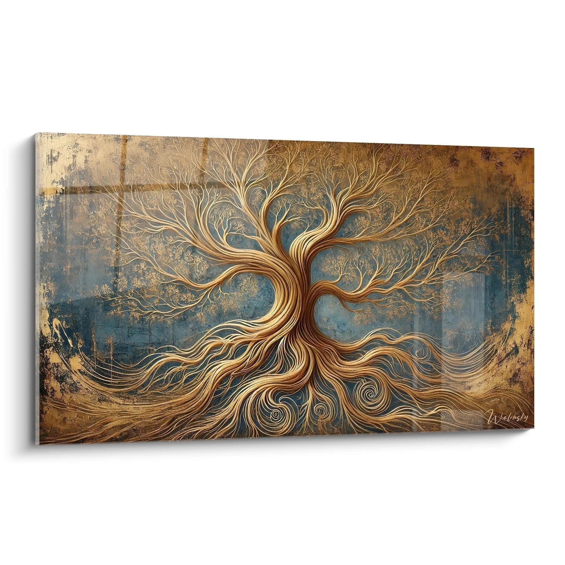 Goldener Baum des Lebens Wandbild mit spiralförmigen Ästen und Wurzeln in warmen Goldtönen auf blauem Hintergrund