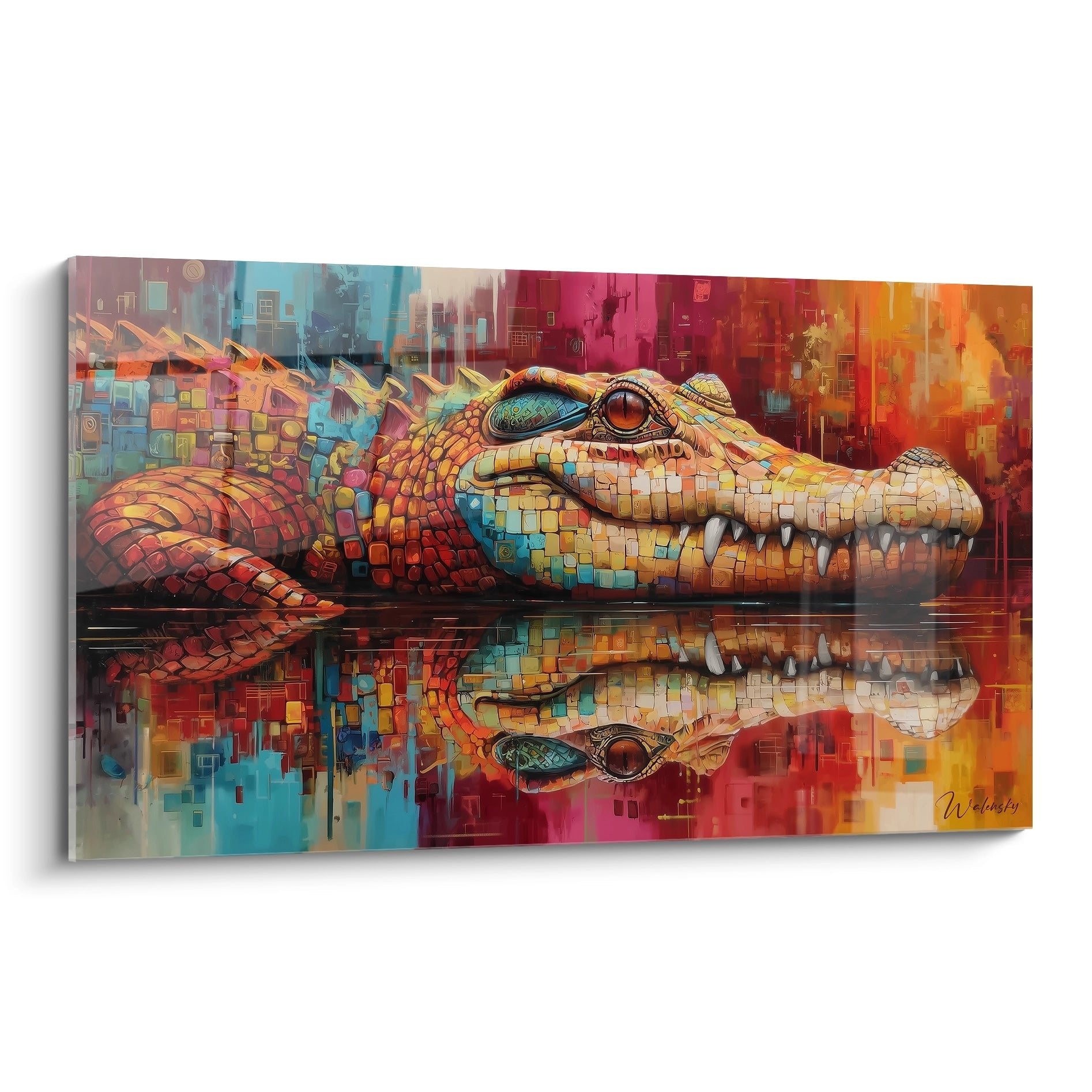 Abstraktes Wandbild eines Kaprosuchus Krokodils in bunter Pixelkunst mit Wasserspiegelung
