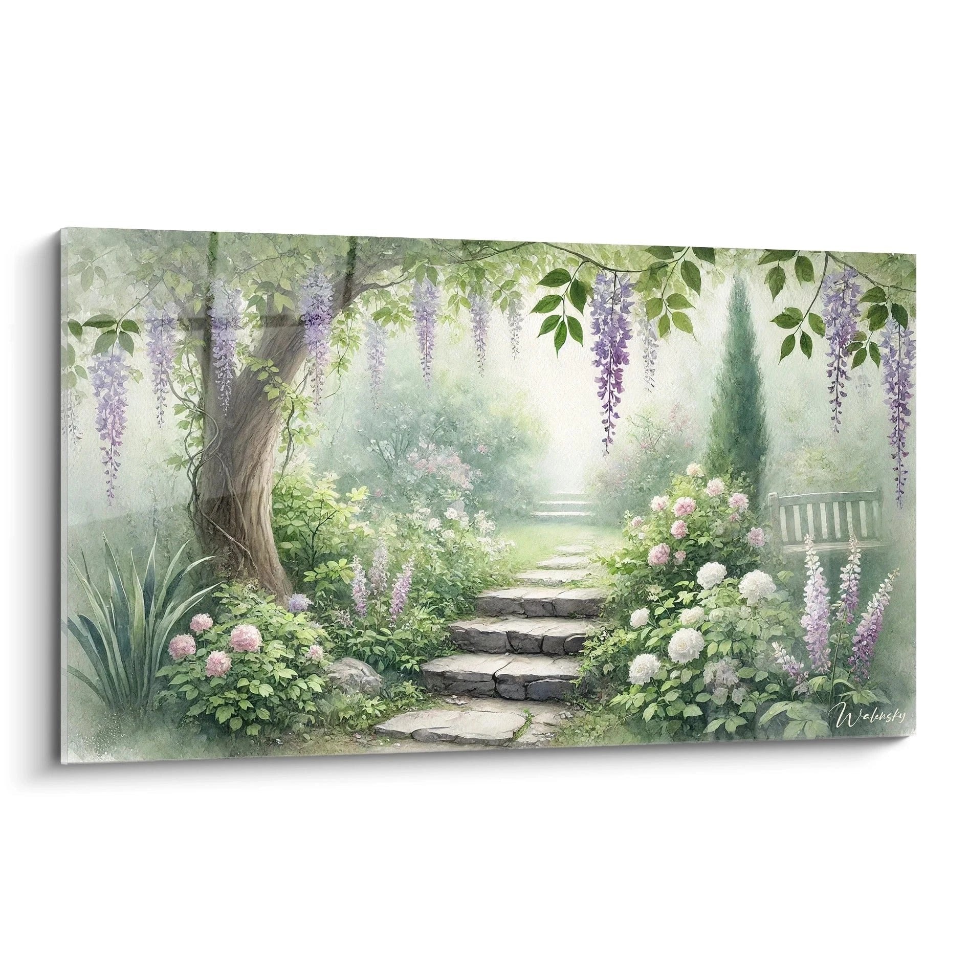 Romantisches Wandbild mit violetten Wisteria-Blüten über steinerner Gartentreppe und blühenden Pfingstrosen