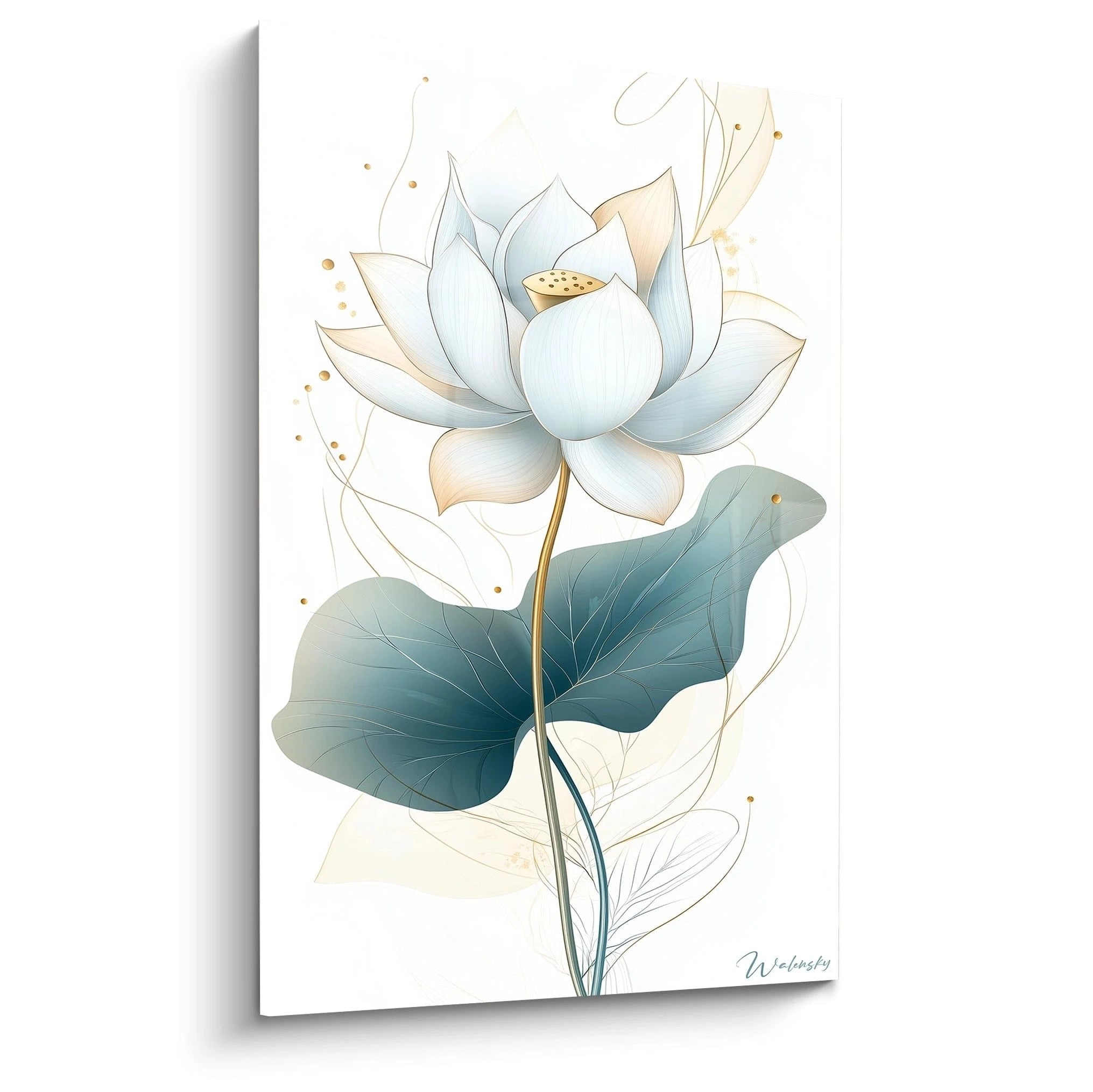 Elegantes Wandbild einer weißen Lotusblüte mit goldenen Akzenten und blaugrünen Blättern im modernen Aquarell-Stil