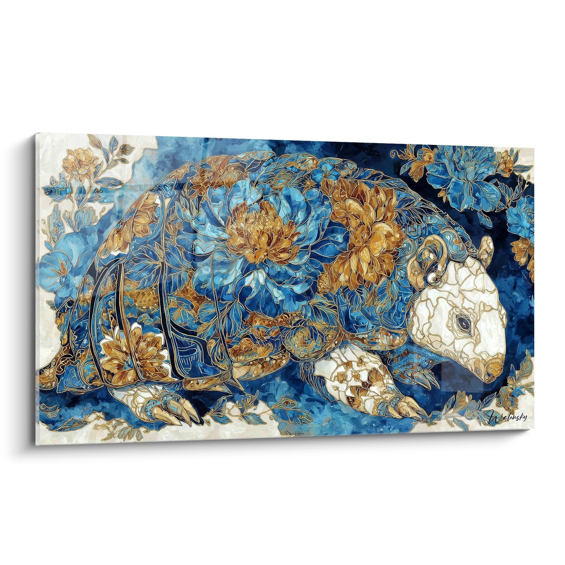 Wandbild Glyptodon mit goldenen Blüten in blauer Farbgebung, prähistorisches Gürteltier als Kunstdruck