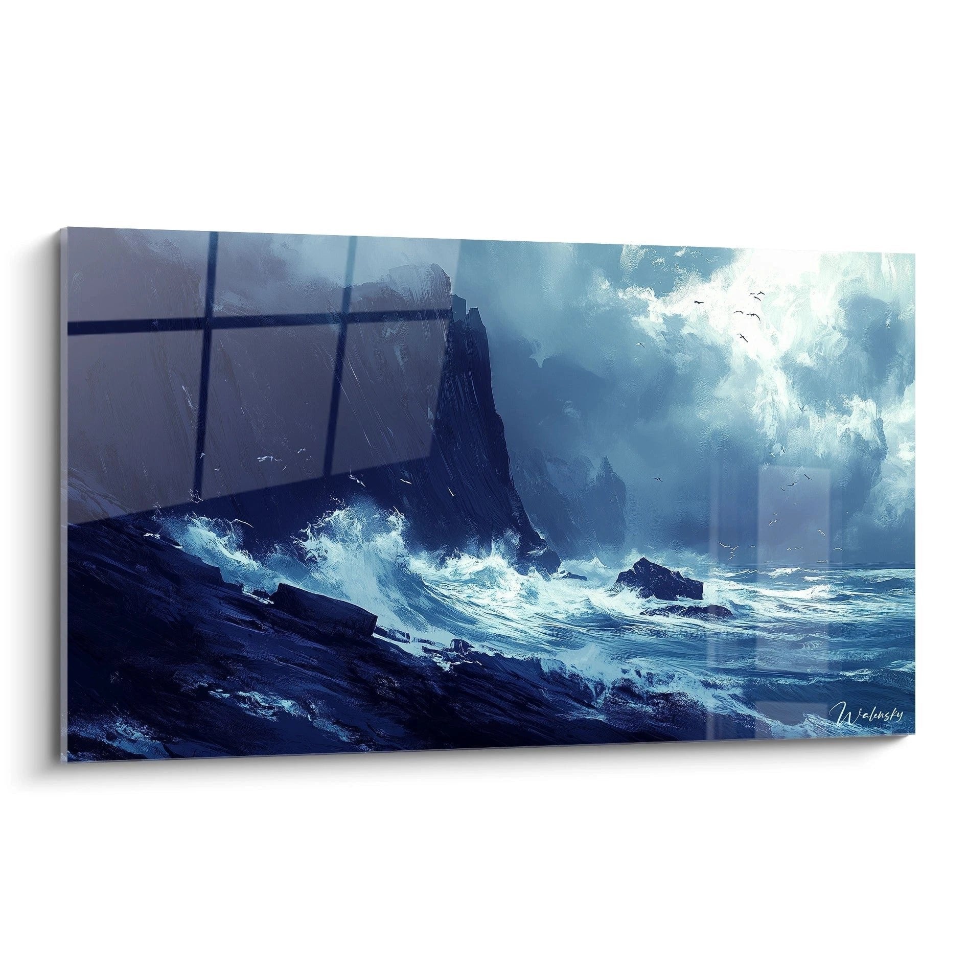 Dramatisches Wandbild mit stürmischem Meer, tosenden Wellen und düsteren Wolken in Blautönen