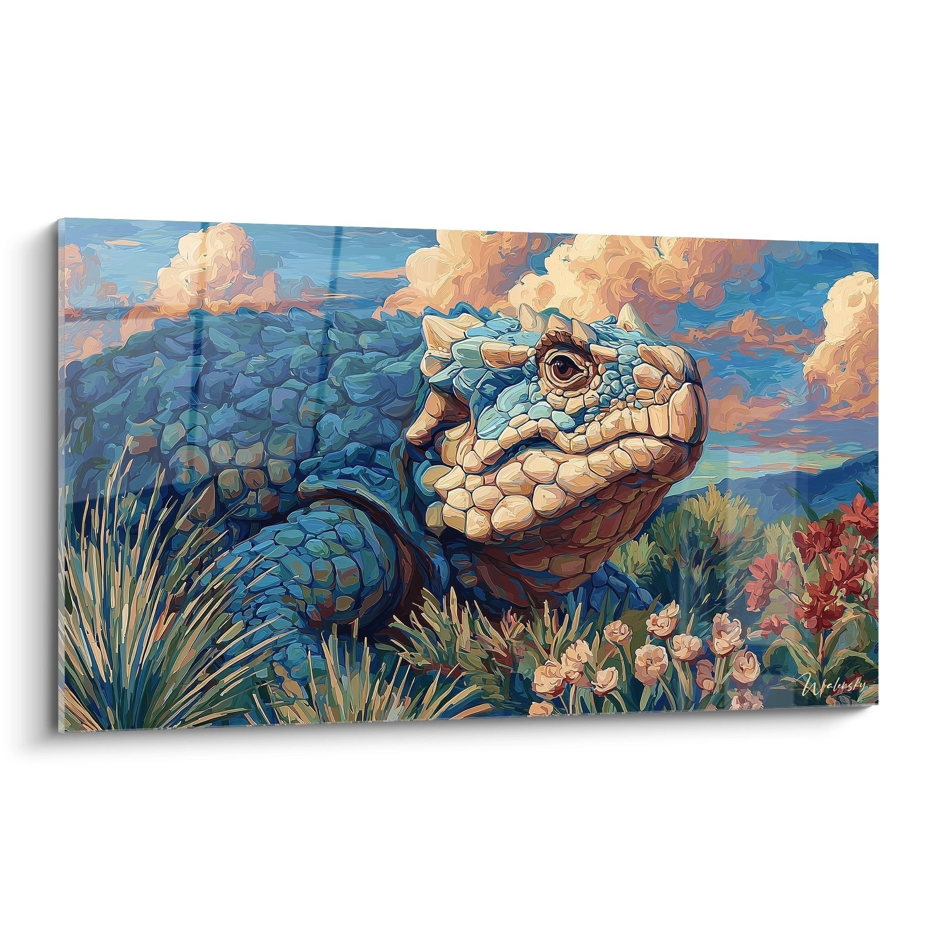 Wandbild eines Scutosaurus mit gepanzertem Rücken in prähistorischer Blumenlandschaft, Edition Scutosaurus