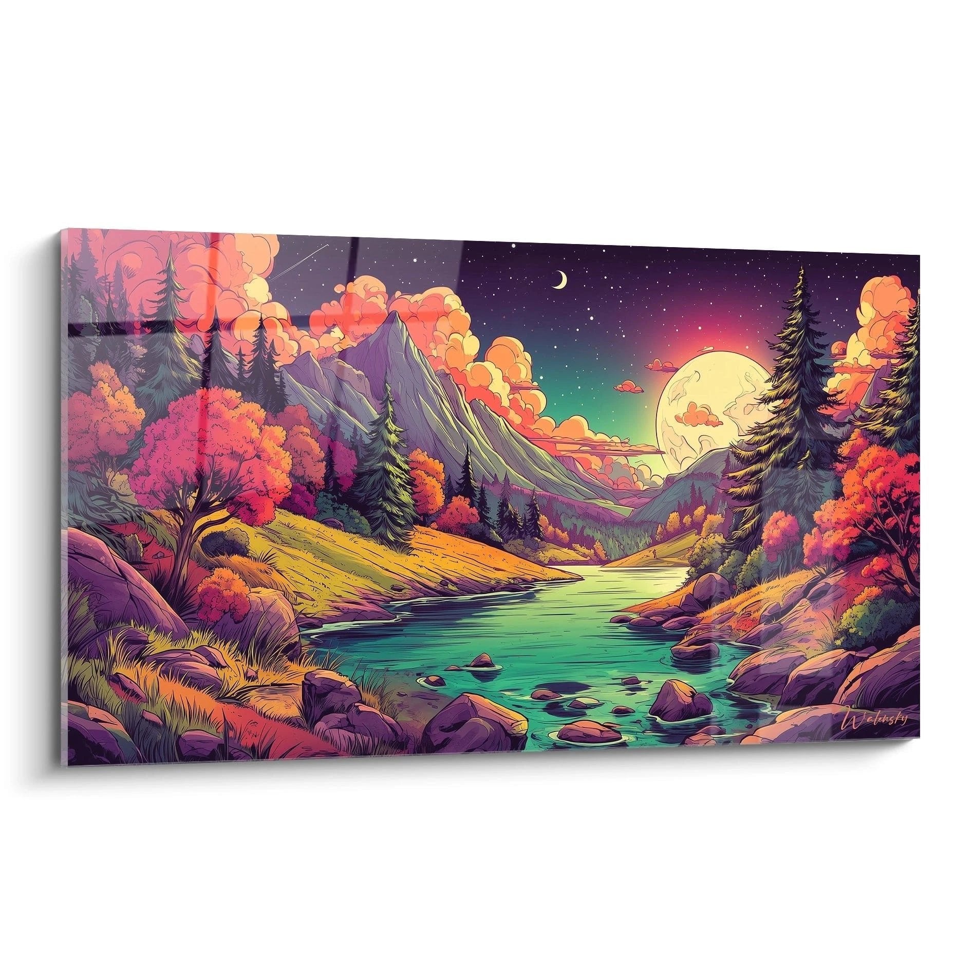 Fantasy Wandbild zeigt magische Berglandschaft mit Fluss bei Vollmond im Comic-Stil mit Herbstfarben