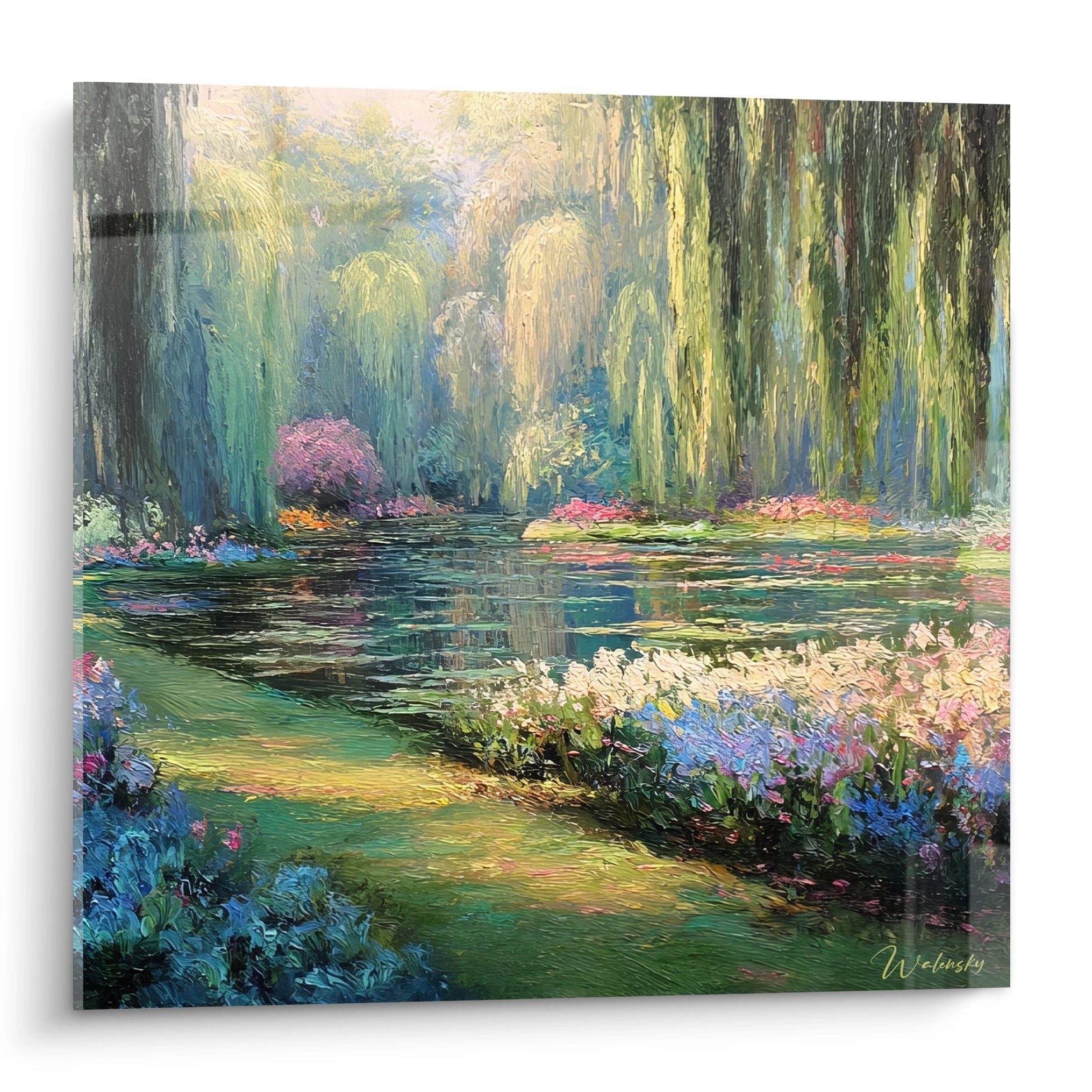 Impressionistisches Wandbild eines Teichs mit Trauerweiden und bunten Blumen im Gartenstil