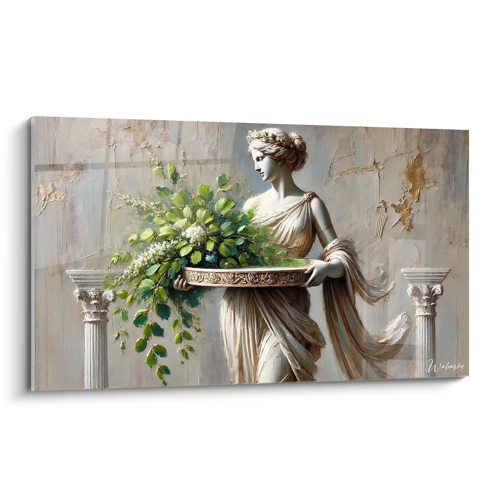 Wandbild römische Göttin mit Blumenvase und korinthischen Säulen in klassischer Eleganz