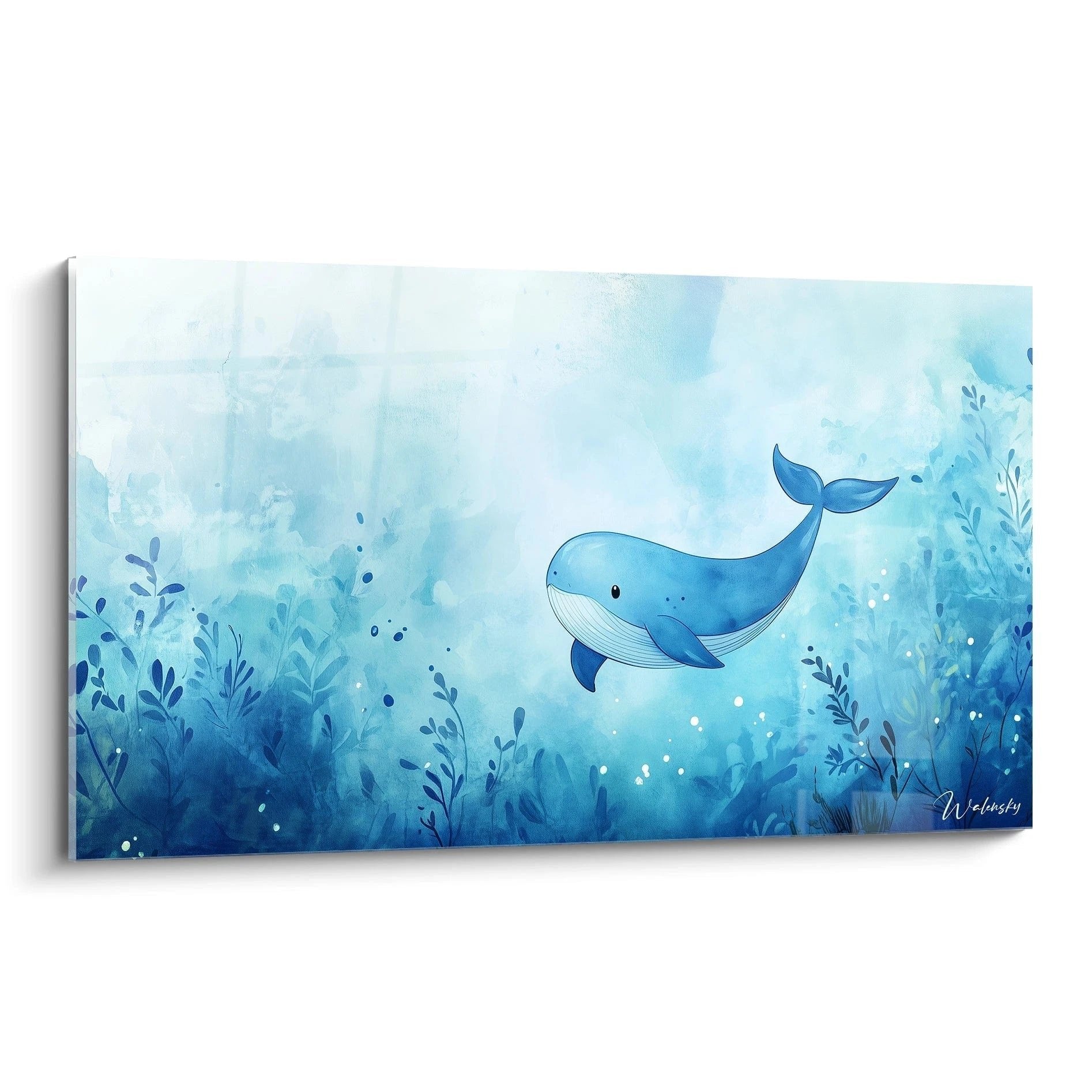 Blaues Wandbild mit freundlichem Wal in magischer Unterwasserwelt mit Wasserpflanzen für Kinderzimmer