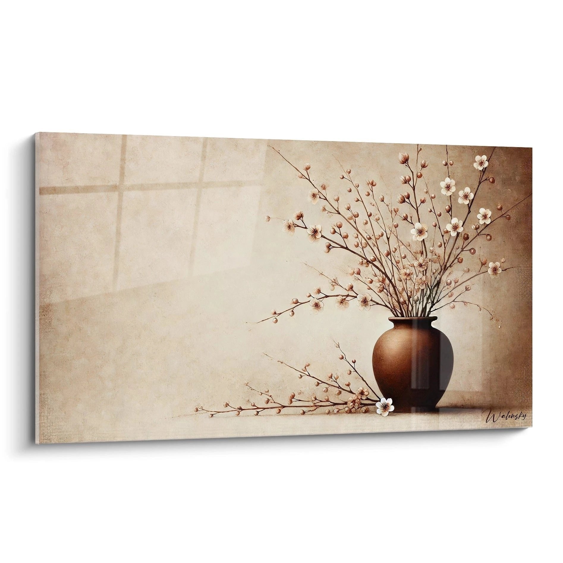 Zen Wandbild mit brauner Keramikvase und Kirschblütenzweigen auf beigem Hintergrund für meditation