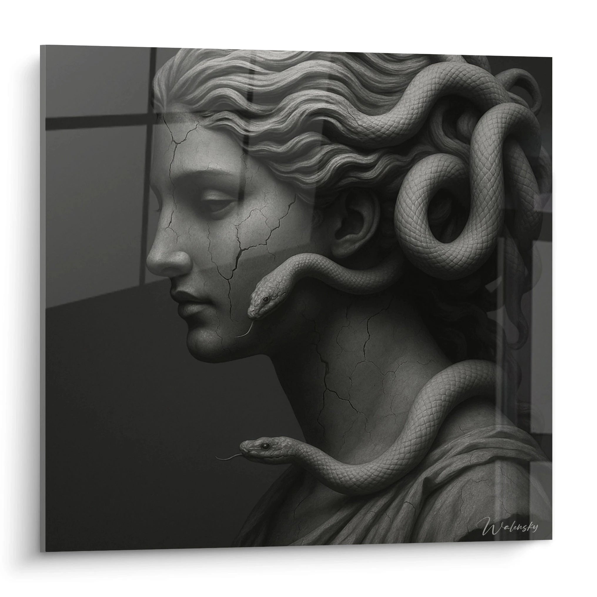 Wandbild Medusa Statue mit Schlangenhaar in eleganter Schwarz-Weiß Darstellung - antike griechische Mythologie