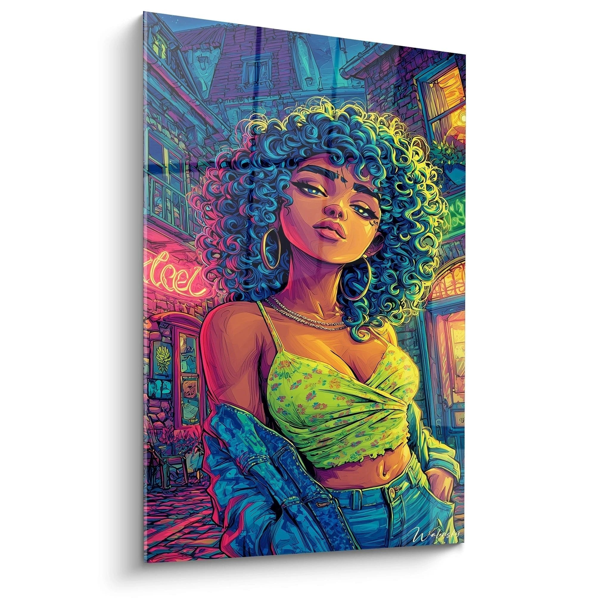 Comic Wandbild einer lockigen Frau in neonbeleuchteter Stadtkulisse mit lebendigen Farben