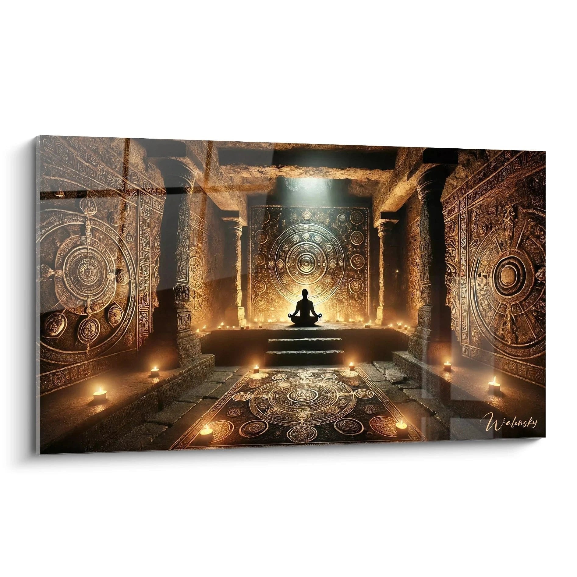 Mystischer Tempel mit meditierender Silhouette und goldenen Mandalas, warmes Licht, spirituelle Meditation Wandbild