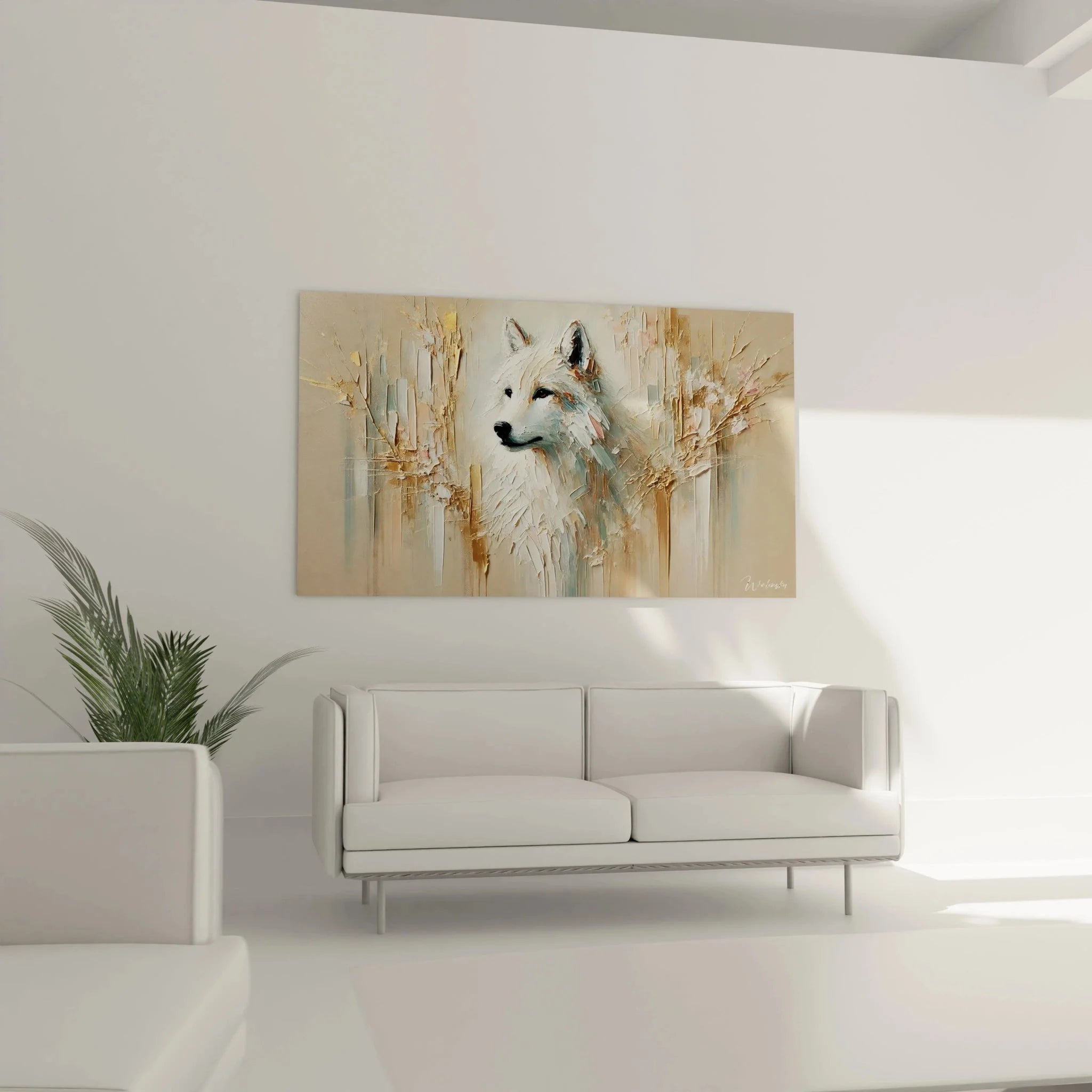 Nahaufnahme abstraktes Wolf Wandbild mit strukturierter Spachtelarbeit und expressiven Details