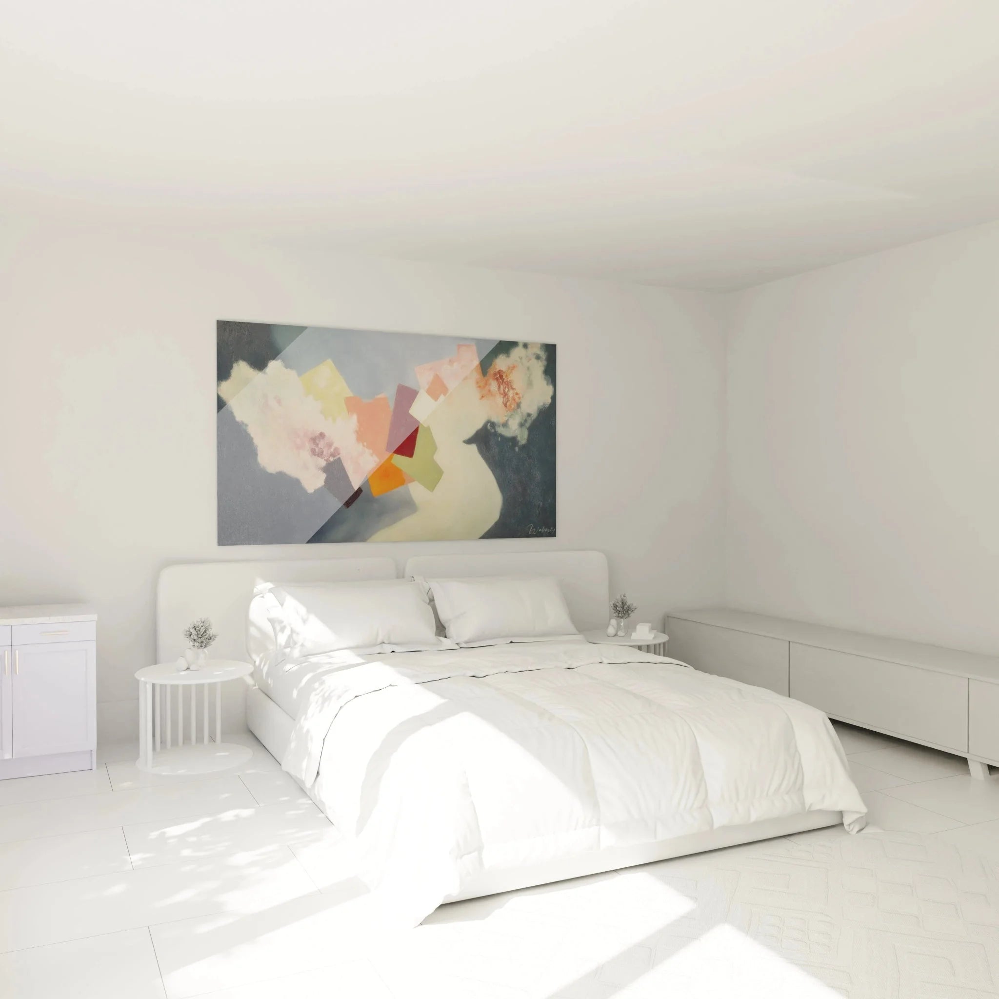 Abstrakte Blüten Wandkunst im Schlafzimmer, dadaistische Geometrie als moderne Wanddekoration