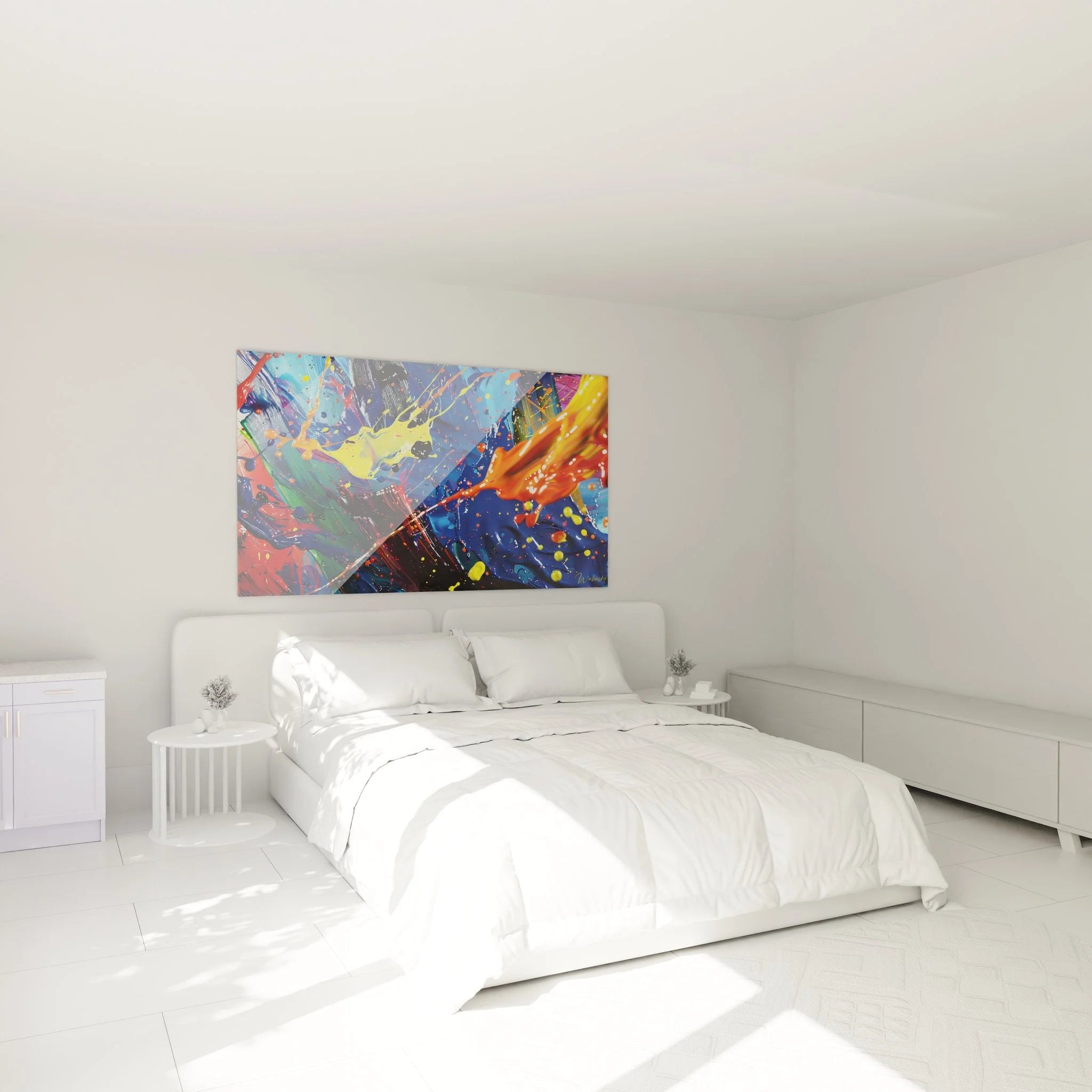 Abstrakte Farbexplosion Wandbild in Schlafzimmer Ambiente - dynamische Malerei-Optik Wanddekoration