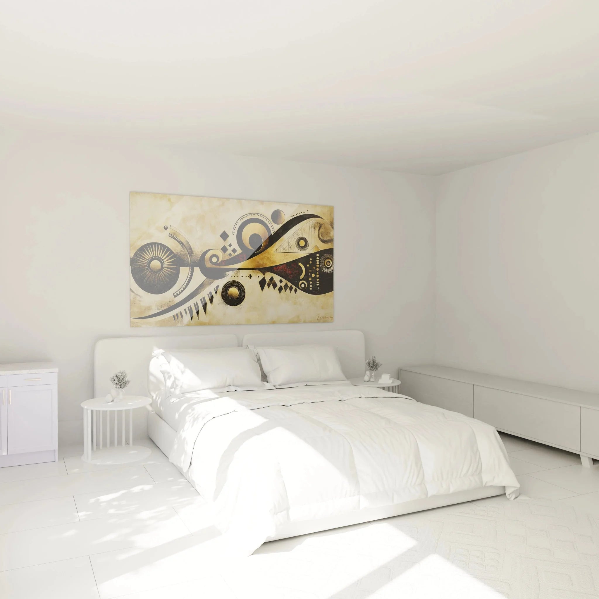 Abstrakte geometrische Wanddekoration Afrika Stil im modernen Schlafzimmer mit warmer Atmosphäre