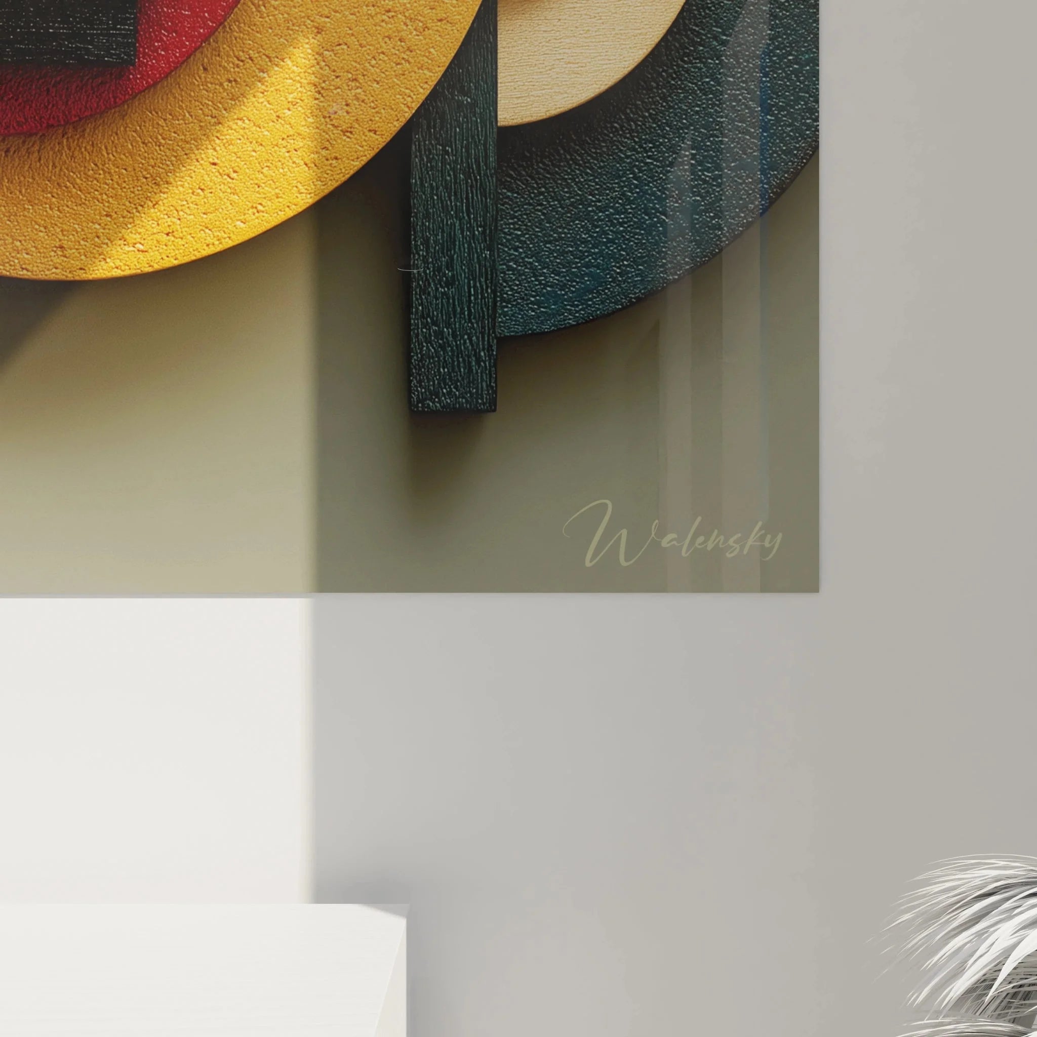 Gesamtansicht des dreidimensionalen geometrischen Wandbildes mit Bauhaus Farbpalette und Formenelementen