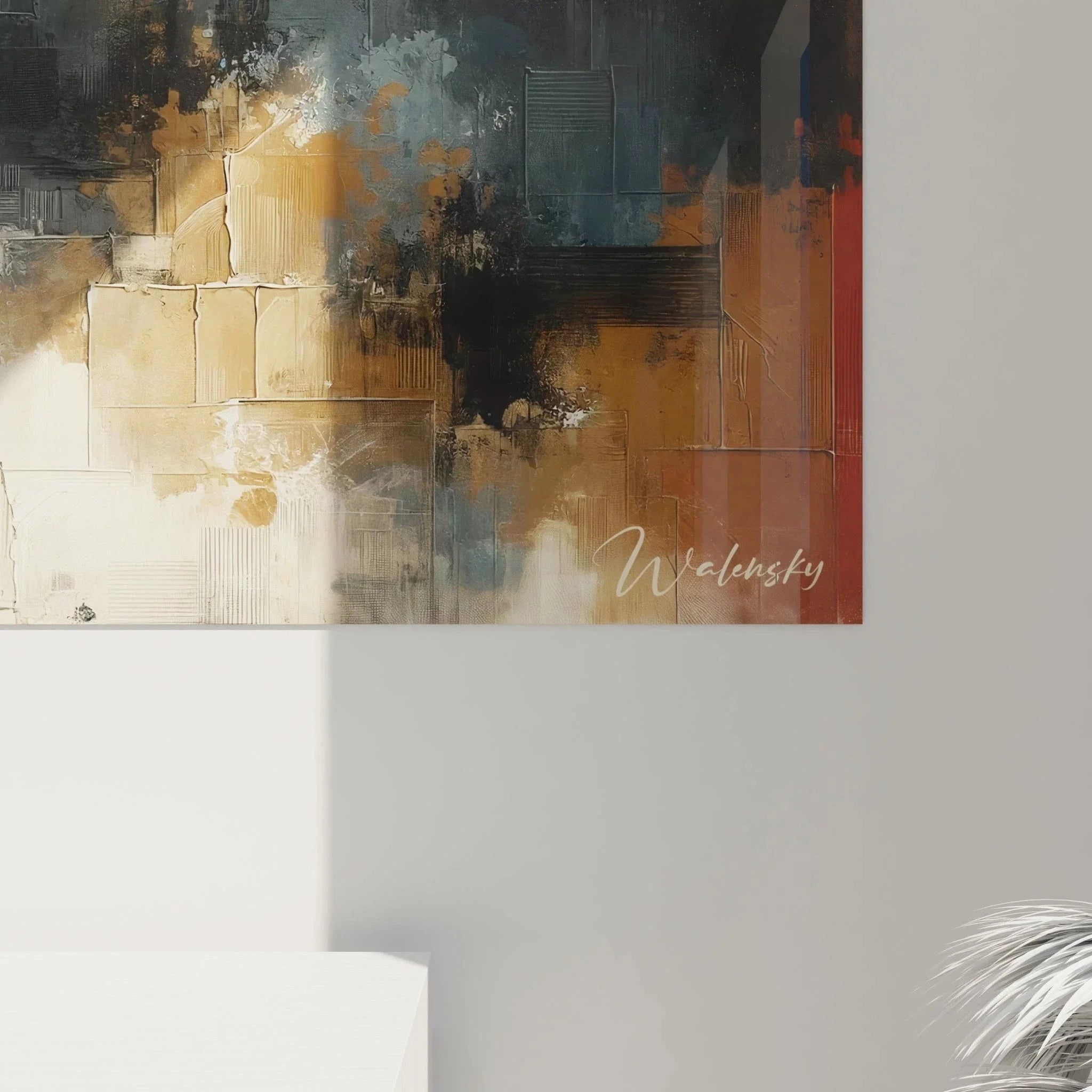 Gesamtansicht expressionistisches Wandbild abstrakte urbane Komposition moderne Wandkunst Raumgestaltung