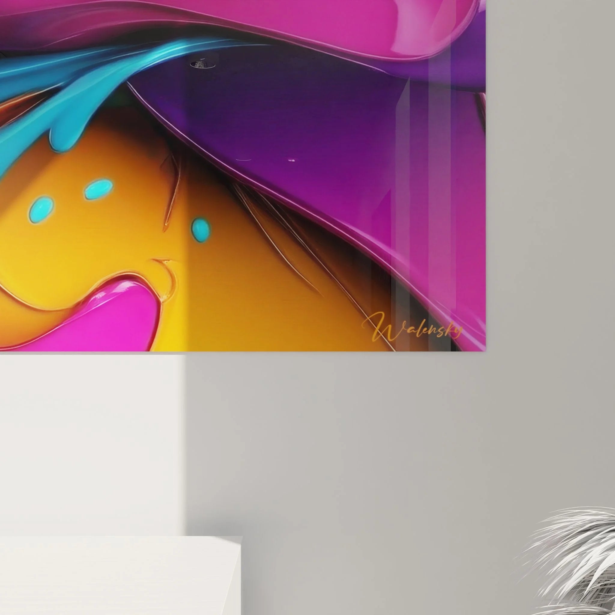 Gesamtansicht abstrakte Farbexplosion Wandkunst mit dynamischen Farbverläufen Malerei-Optik