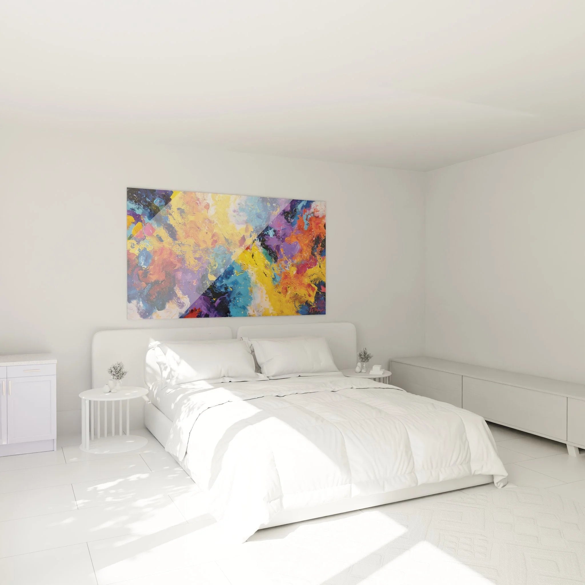 Abstrakte Kunst Wandbild im Schlafzimmer mit lebendiger Farbexplosion als moderne Wanddekoration