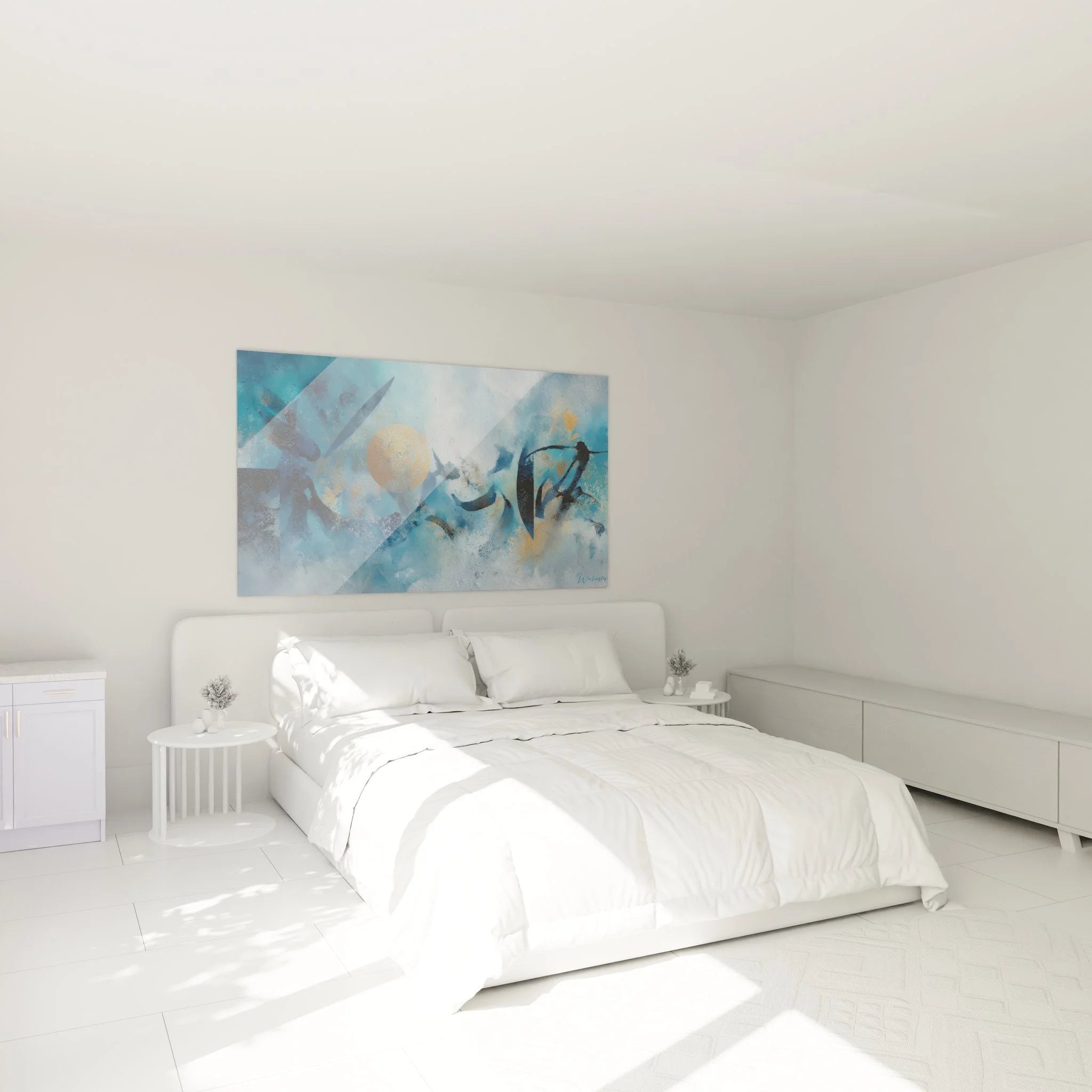 Abstrakte Meereslandschaft Wandbild in modernem Schlafzimmer mit blau-goldener Farbgebung dekorativ aufgehängt